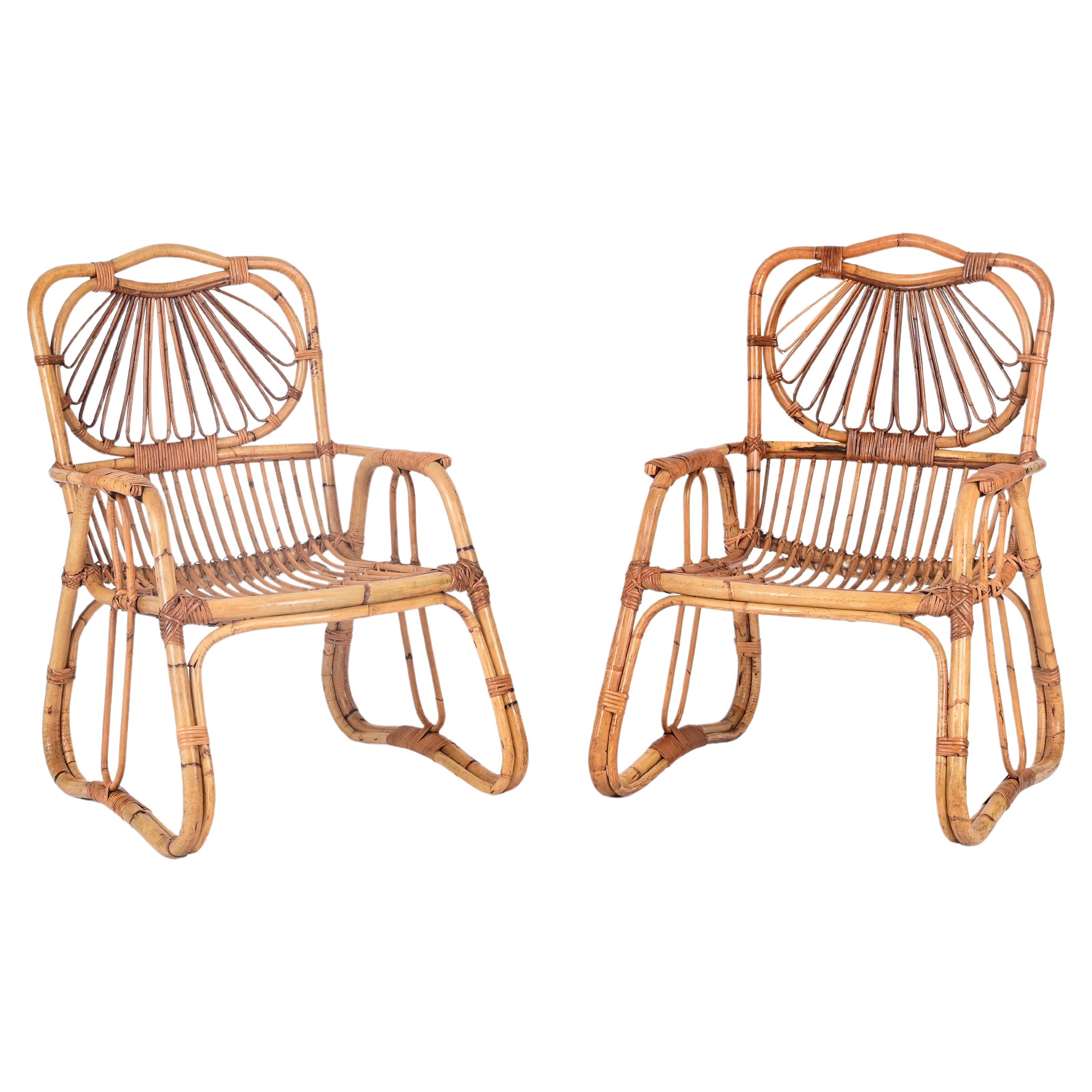 Paire de fauteuils italiens Giovanni Travasa en bambou, rotin et osier, années 1960