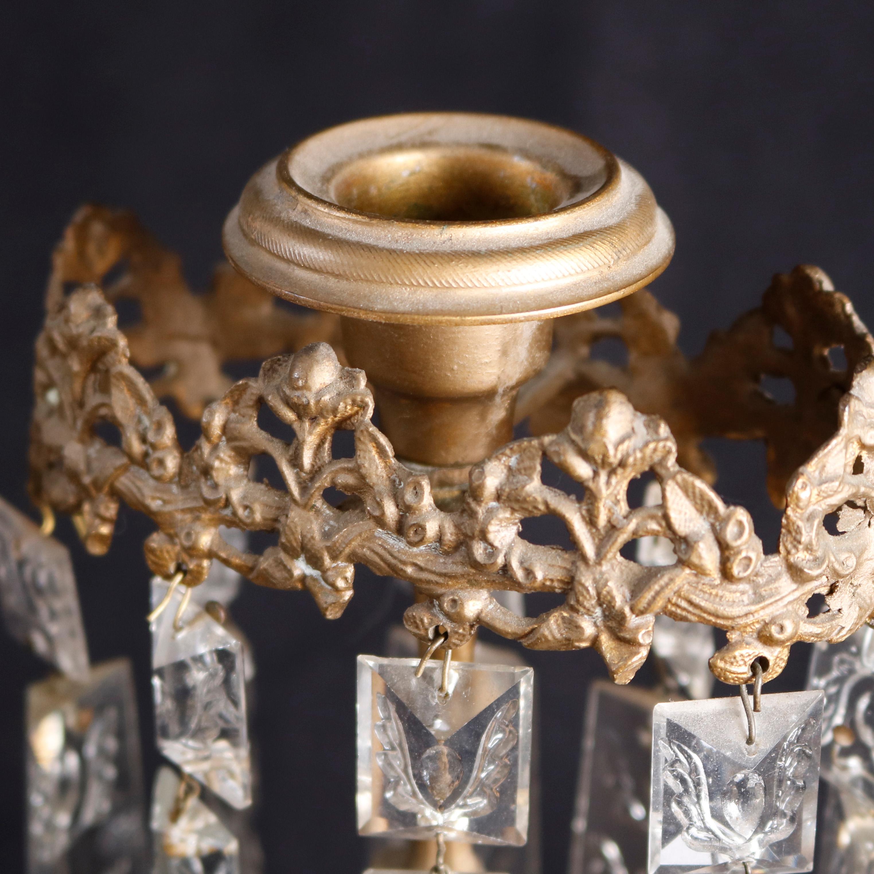 American Pair of Girandole Crystal and Gilt Metal Candelabra with Beehive, c1890