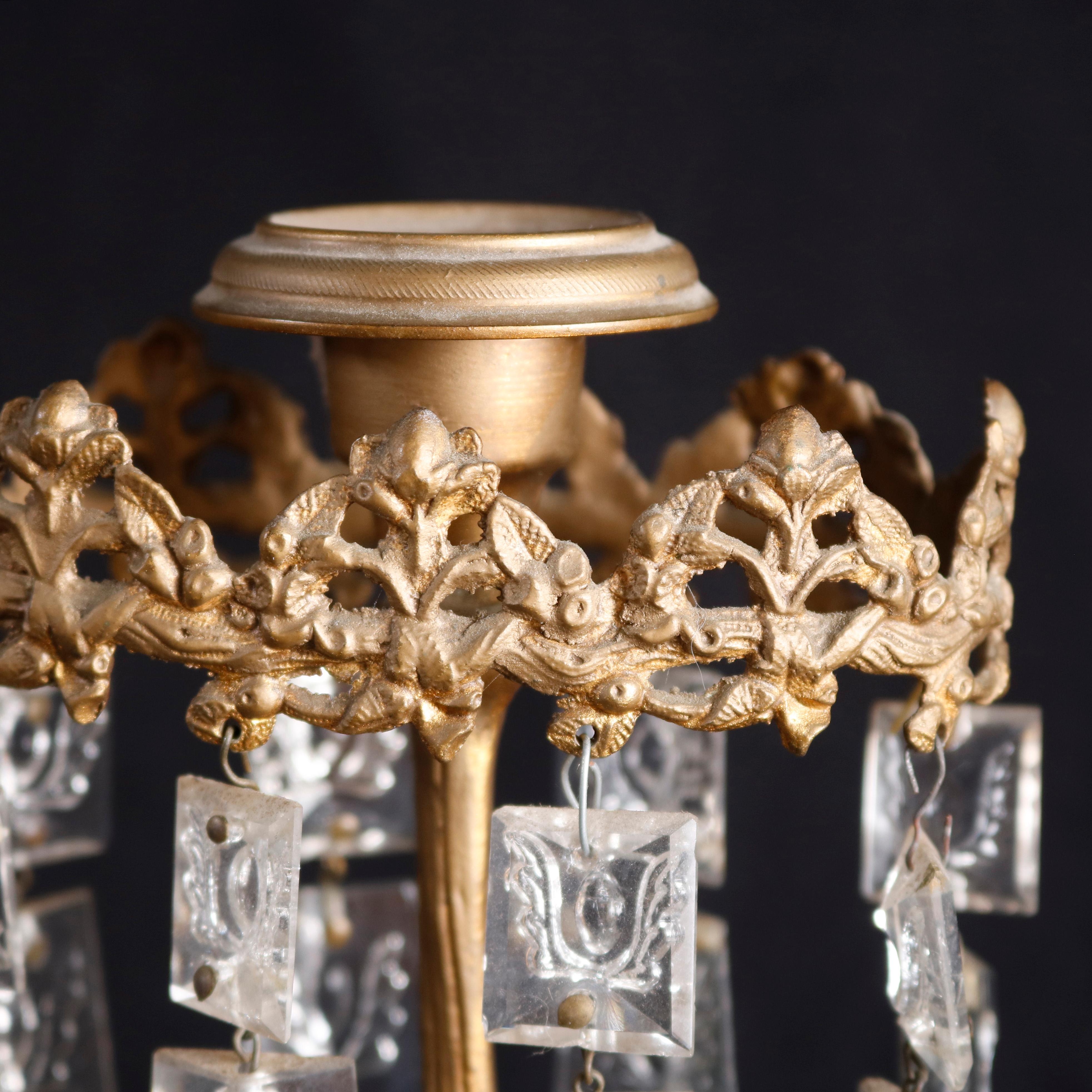 Cast Pair of Girandole Crystal and Gilt Metal Candelabra with Beehive, c1890