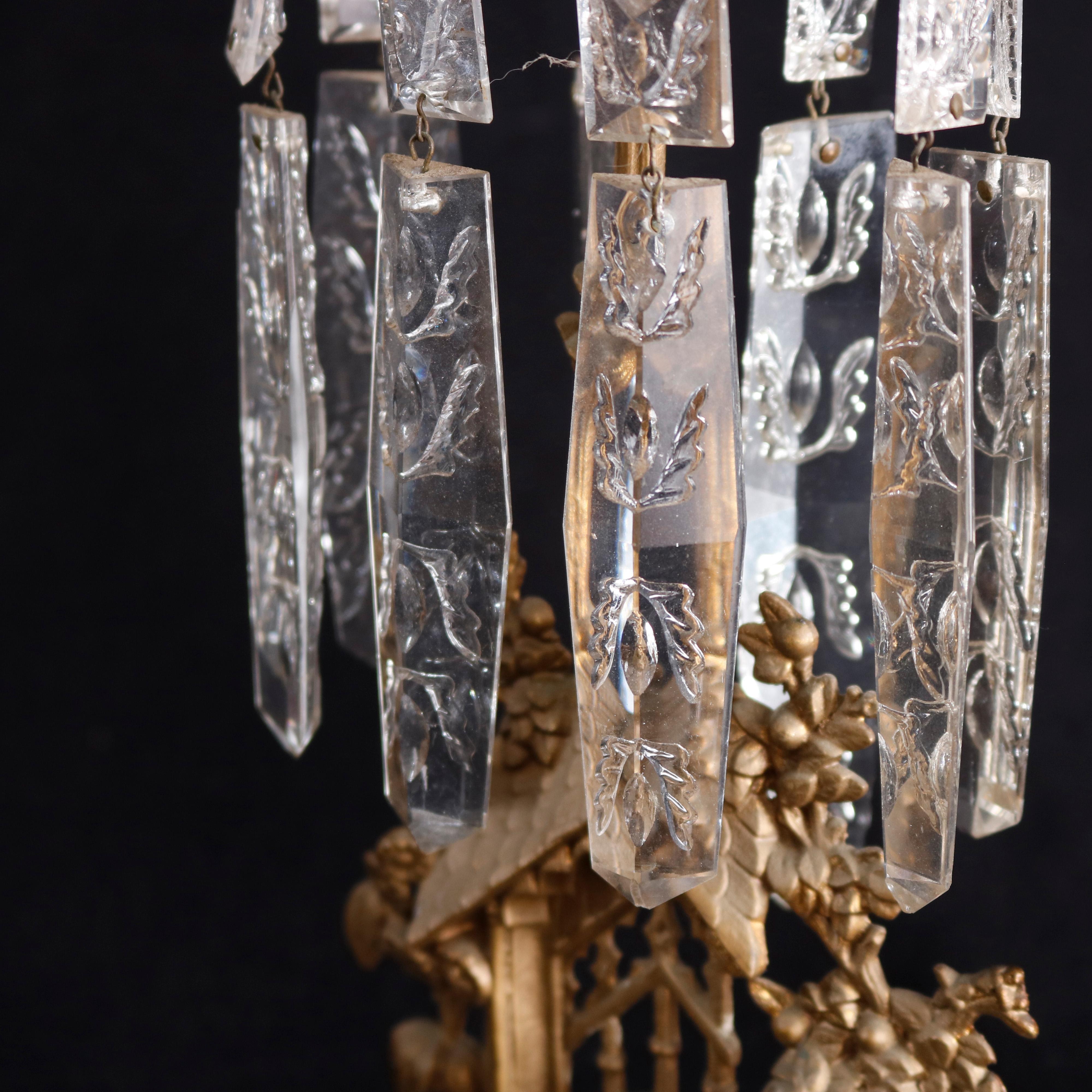 Pair of Girandole Crystal and Gilt Metal Candelabra with Beehive, c1890 In Good Condition In Big Flats, NY