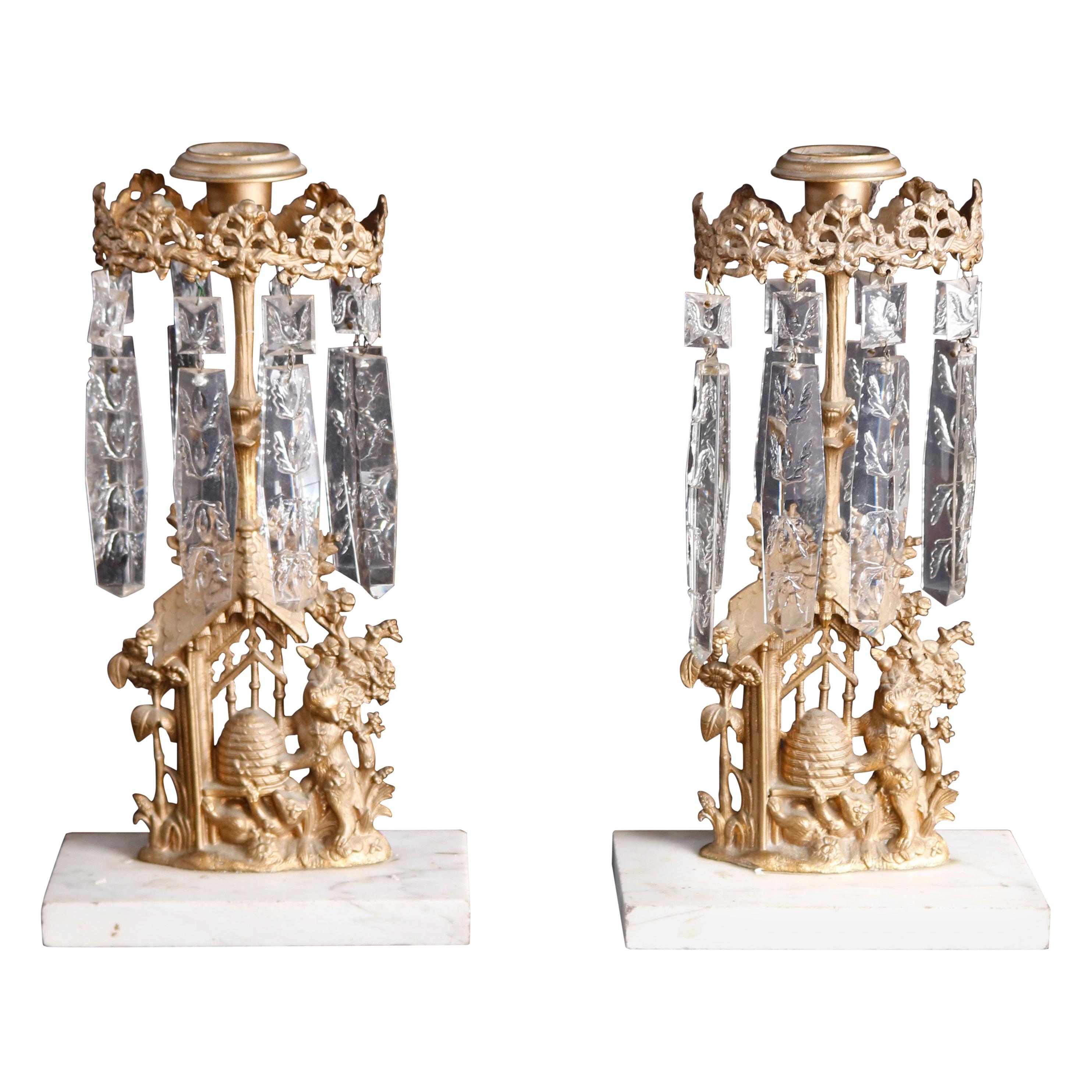 Pair of Girandole Crystal and Gilt Metal Candelabra with Beehive, c1890