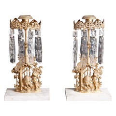 Antique Pair of Girandole Crystal and Gilt Metal Candelabra with Beehive, c1890