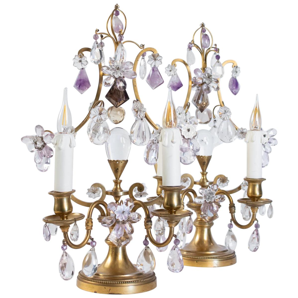 Pair of Girandoles Bronze and Crystal Rock, Louis XV Style, 19th Century