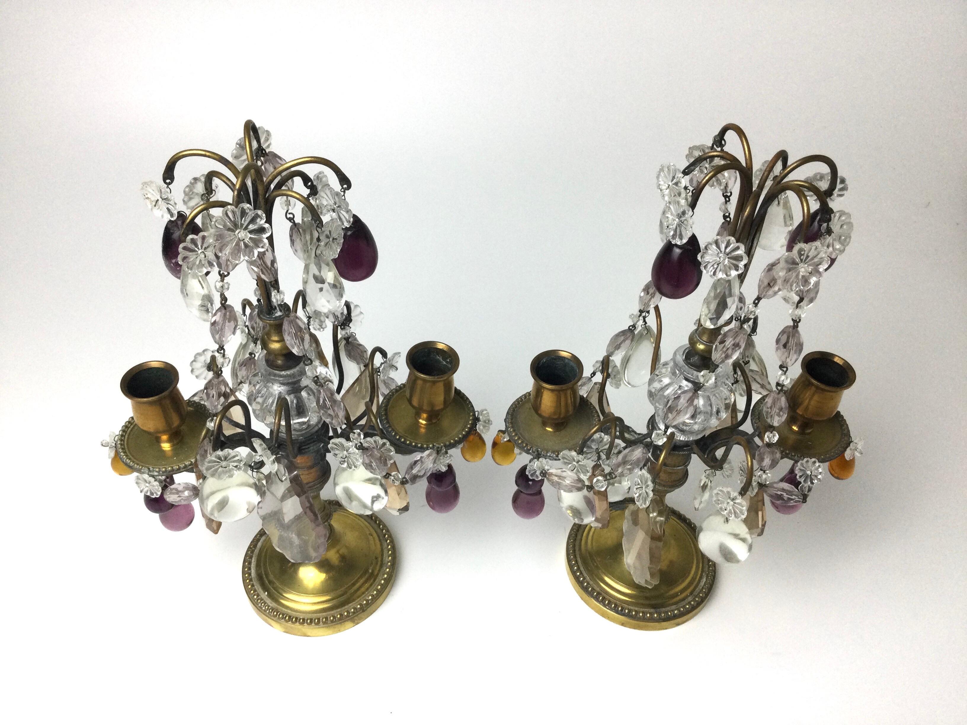 Pair of Girandoles candelabras with clear amethyst and amber crystals. Double candle light. Lots of crystals all intact. Mark on both bases. Please note all images.