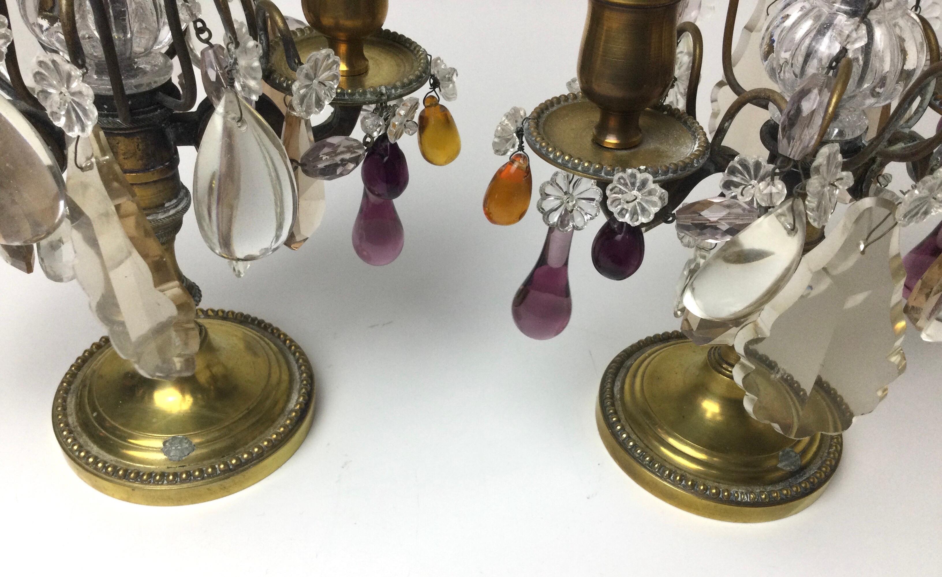 North American Pair of Girandoles Candelabras with Clear Amethyst and Amber Crystals For Sale