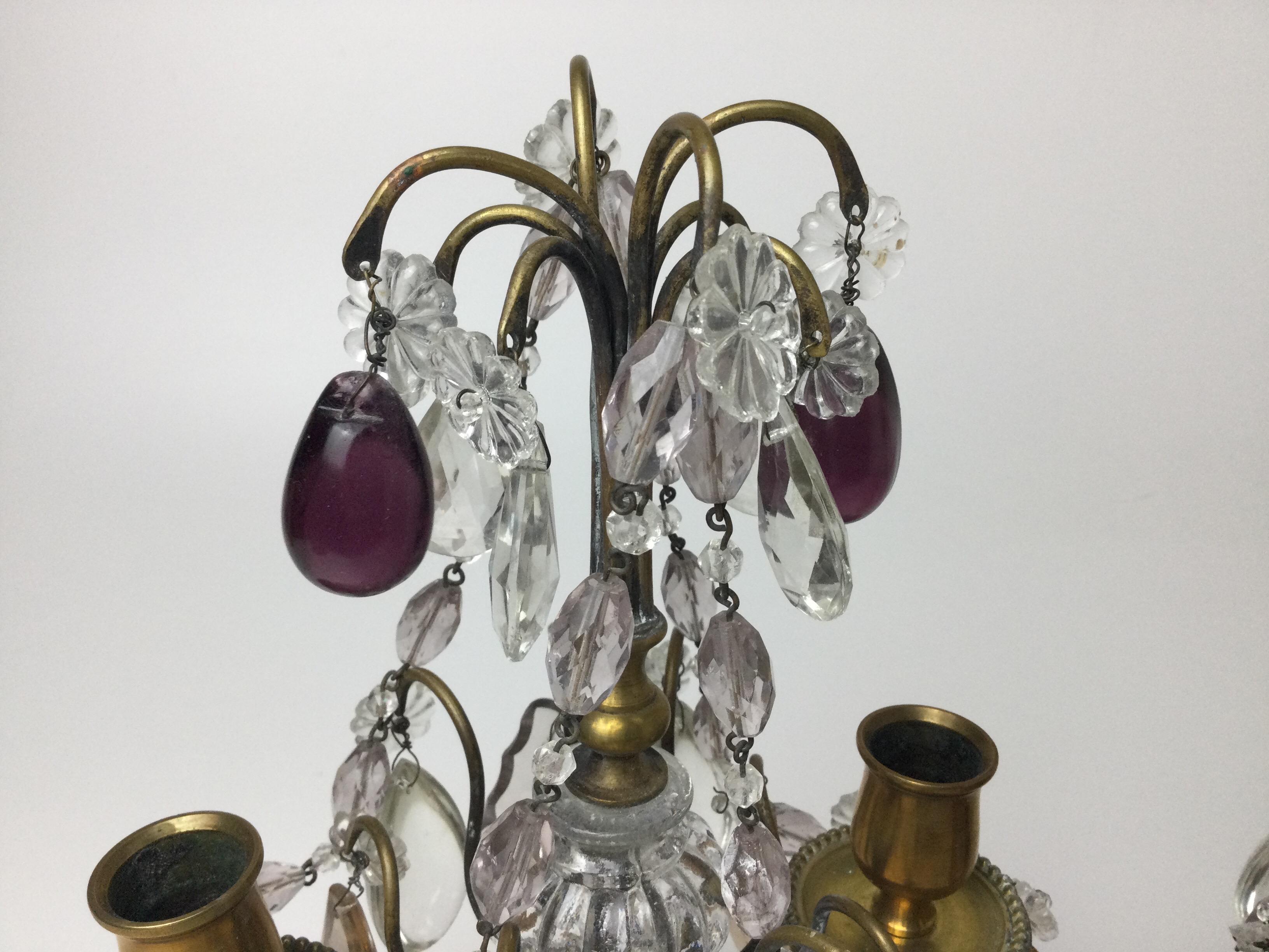 Pair of Girandoles Candelabras with Clear Amethyst and Amber Crystals In Good Condition For Sale In Lambertville, NJ