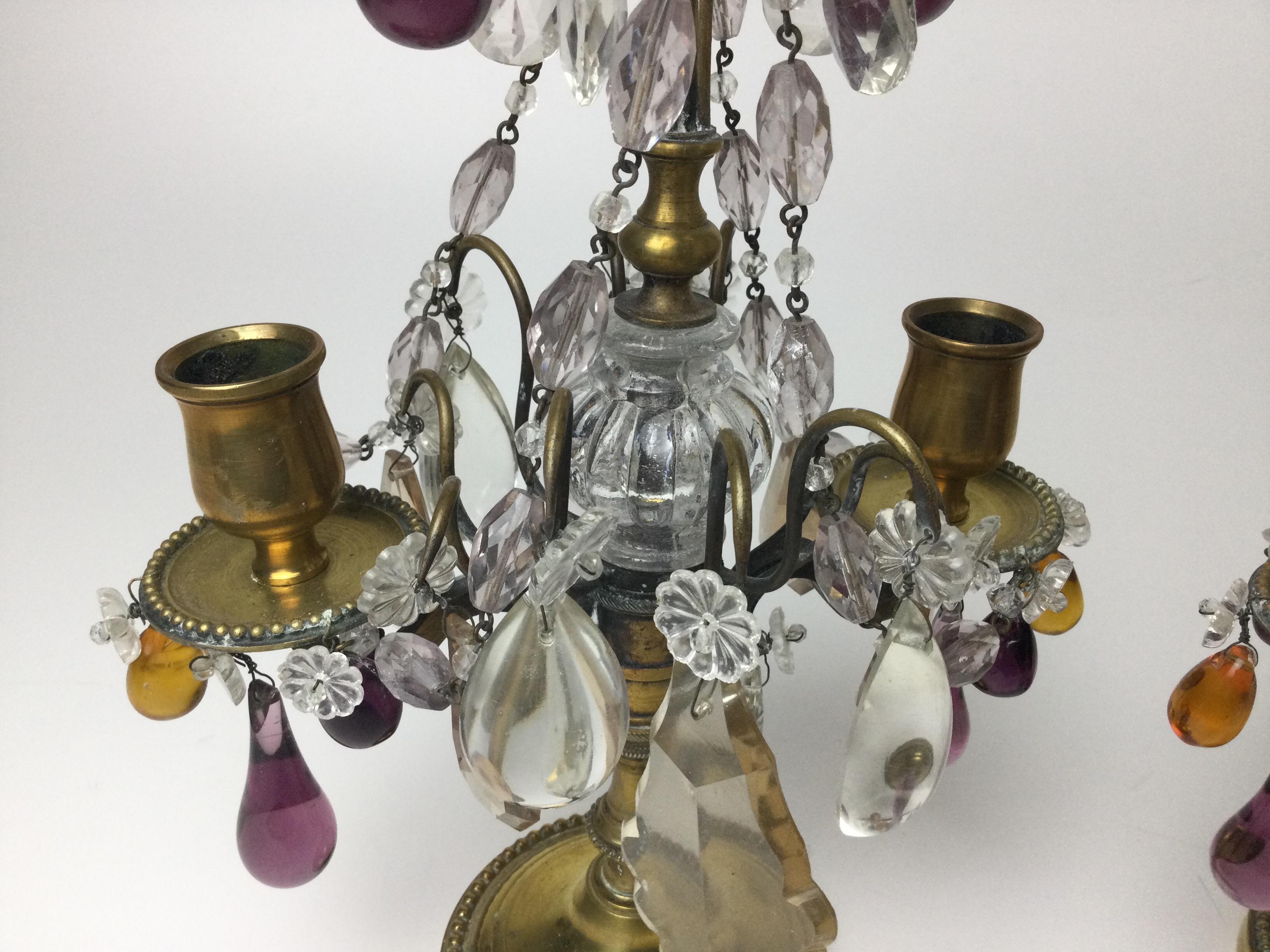 20th Century Pair of Girandoles Candelabras with Clear Amethyst and Amber Crystals For Sale