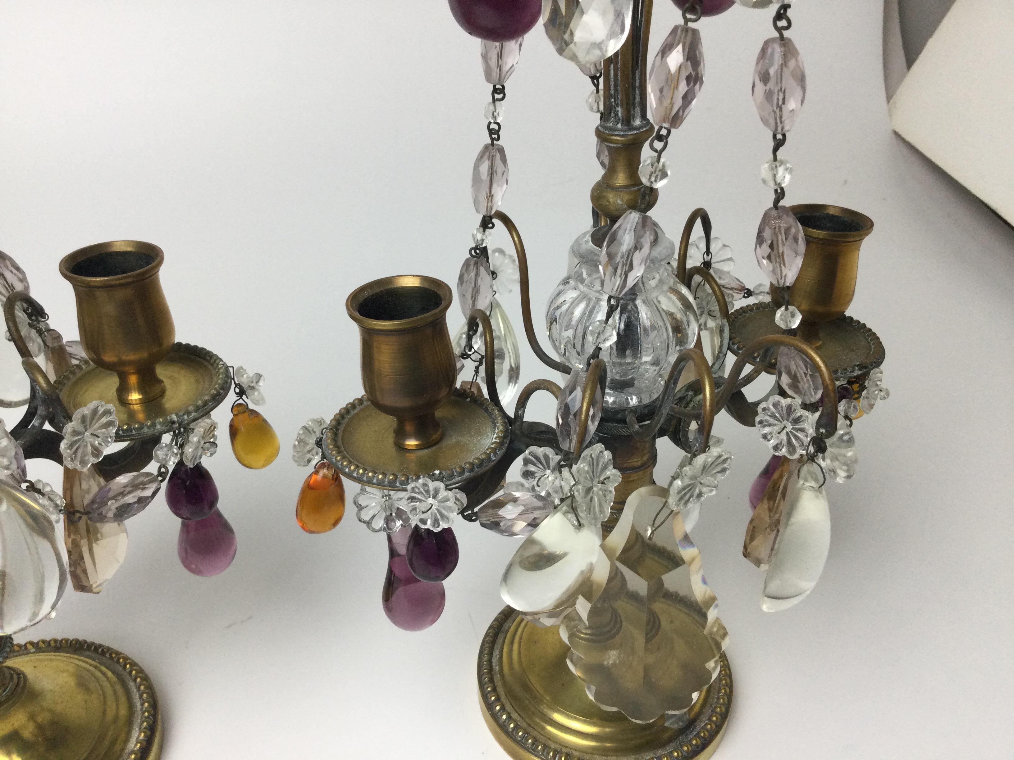 Brass Pair of Girandoles Candelabras with Clear Amethyst and Amber Crystals For Sale