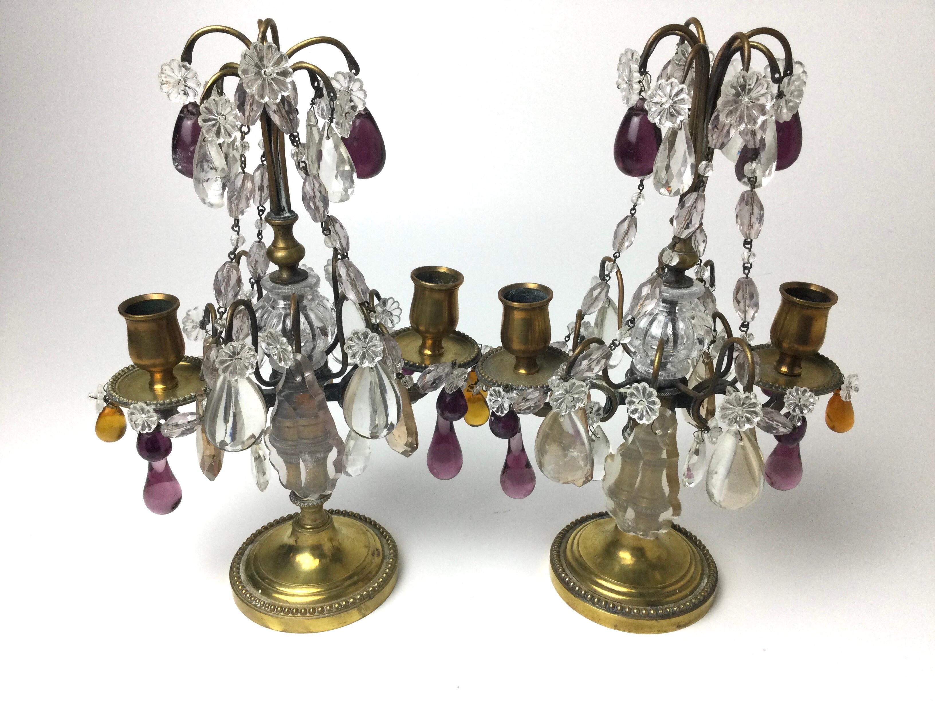Pair of Girandoles Candelabras with Clear Amethyst and Amber Crystals For Sale 1