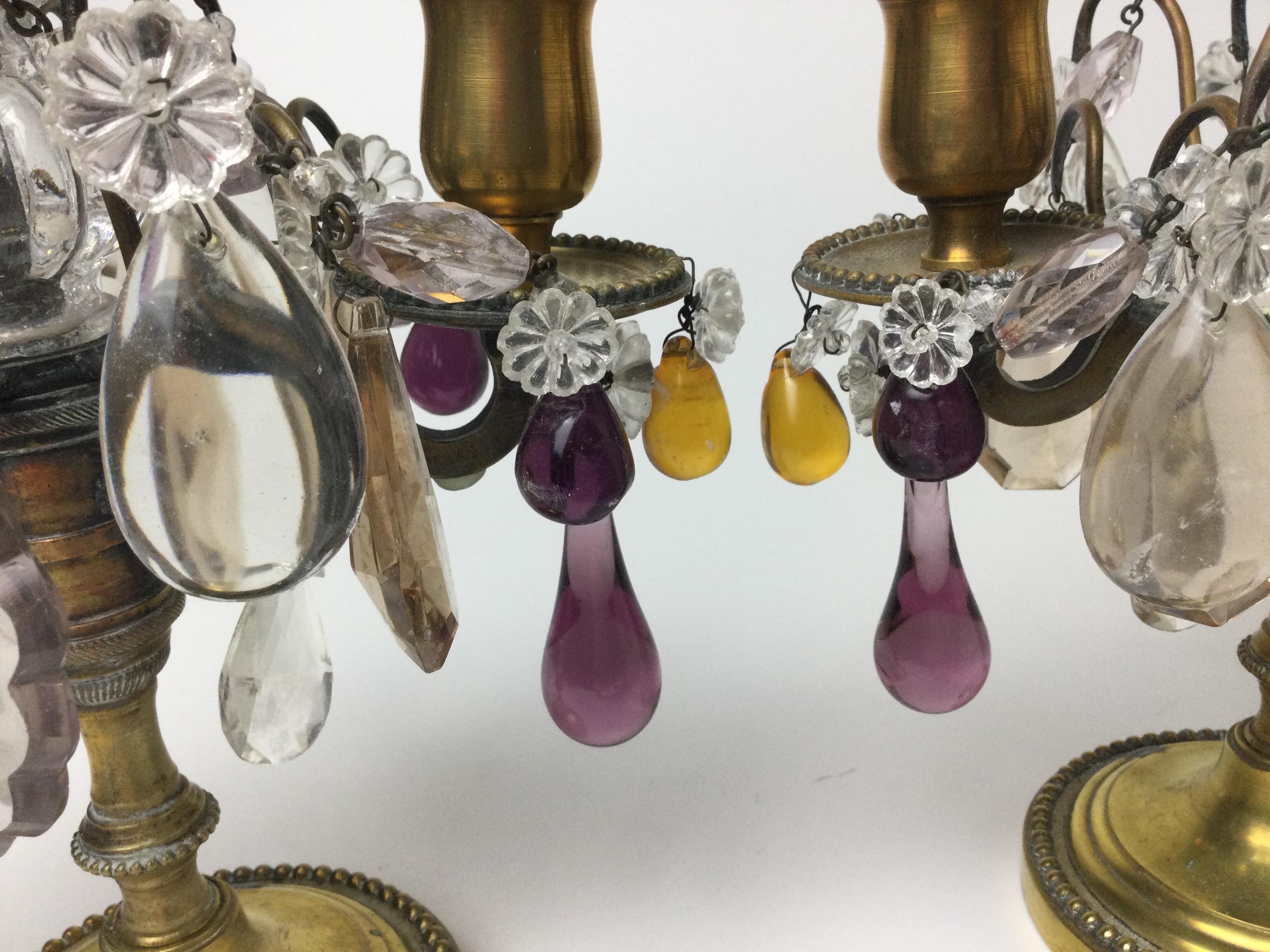 Pair of Girandoles Candelabras with Clear Amethyst and Amber Crystals For Sale 2