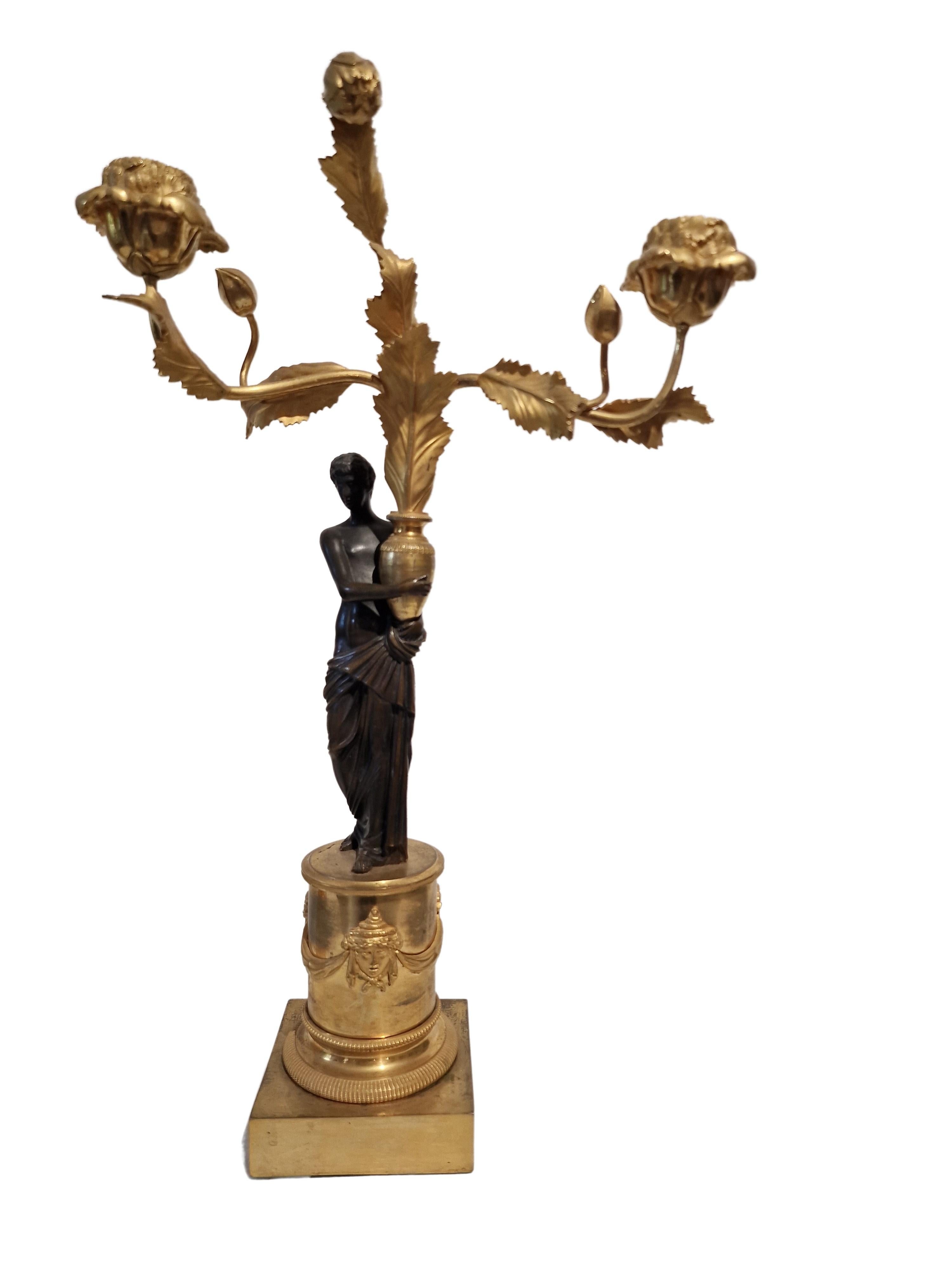 French Pair of Girandoles, Candle sticks, Candelabras, bronze, ~ 1810 Empire, France For Sale