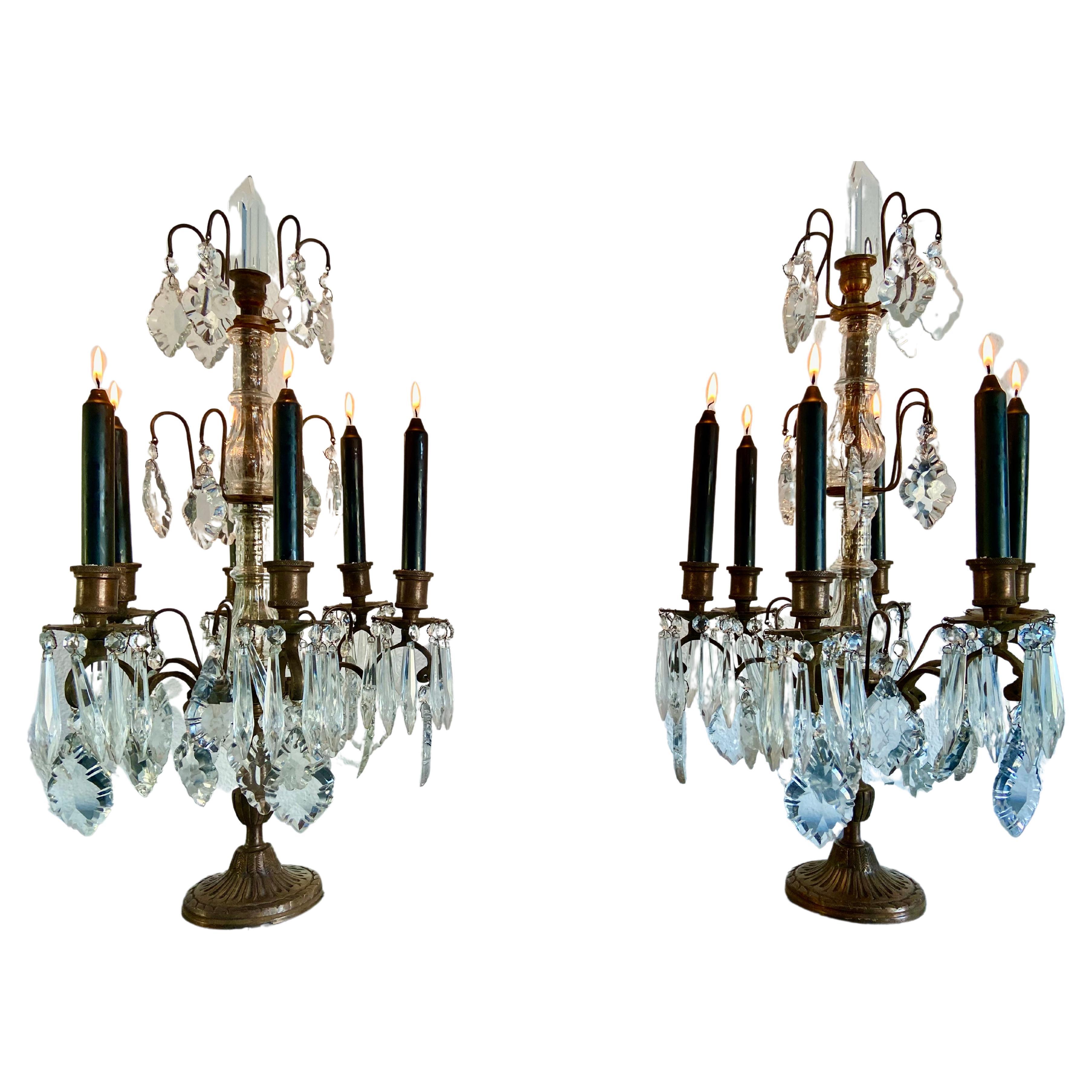 Pair of girandoles in bronze with crystal pendants, French, circa 1880.
