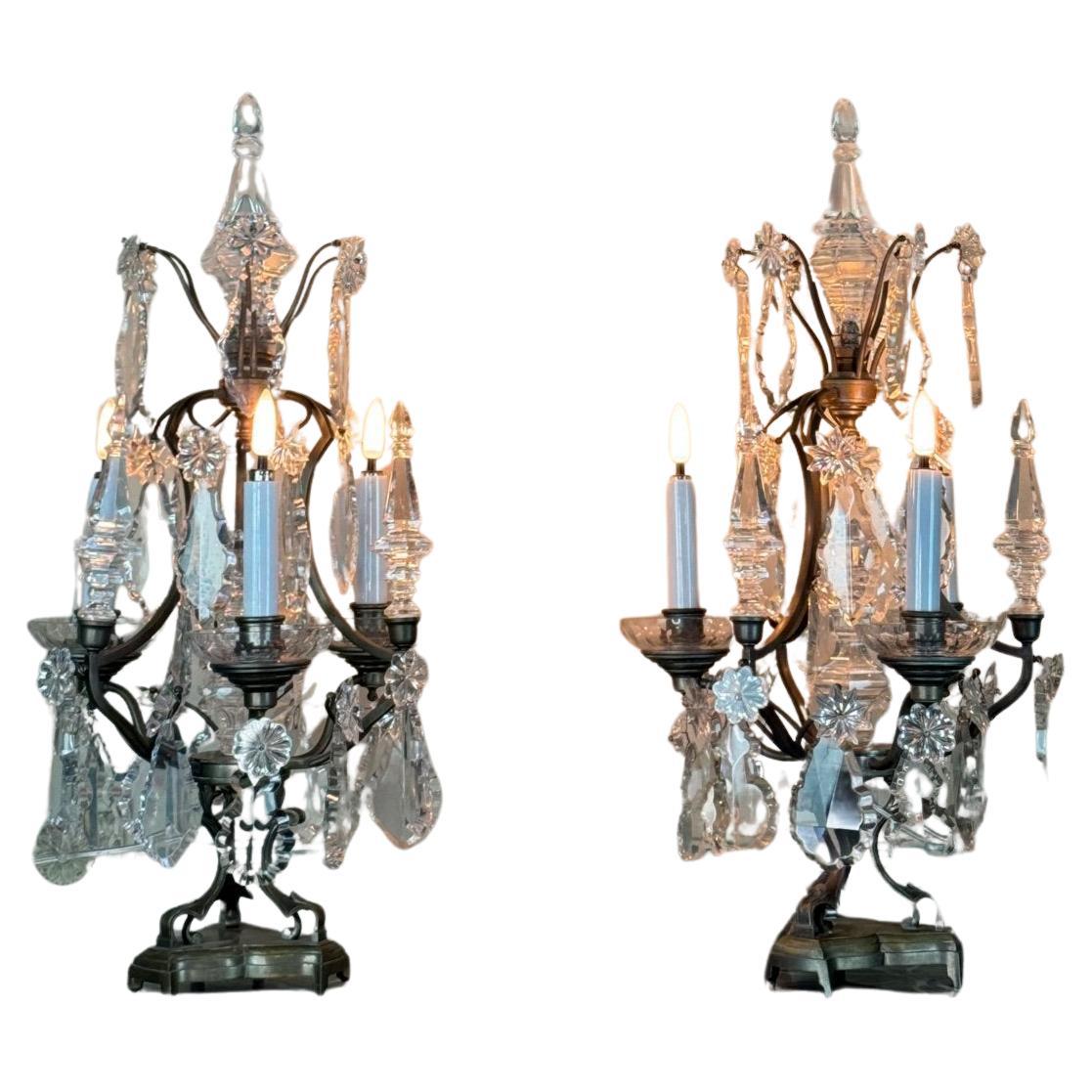 Pair Of Girandoles In Bronze And Cut Crystal Circa 1900 For Sale
