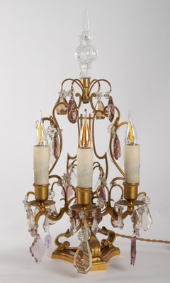 Pair of Girandoles in White and Pink Crystal, Bronze, Louis XV Style, Antiquity