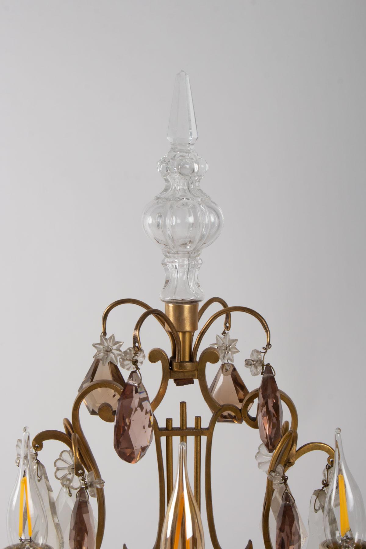 French Pair of Girandoles in White and Pink Crystal, Bronze, Louis XV Style, Antiquity