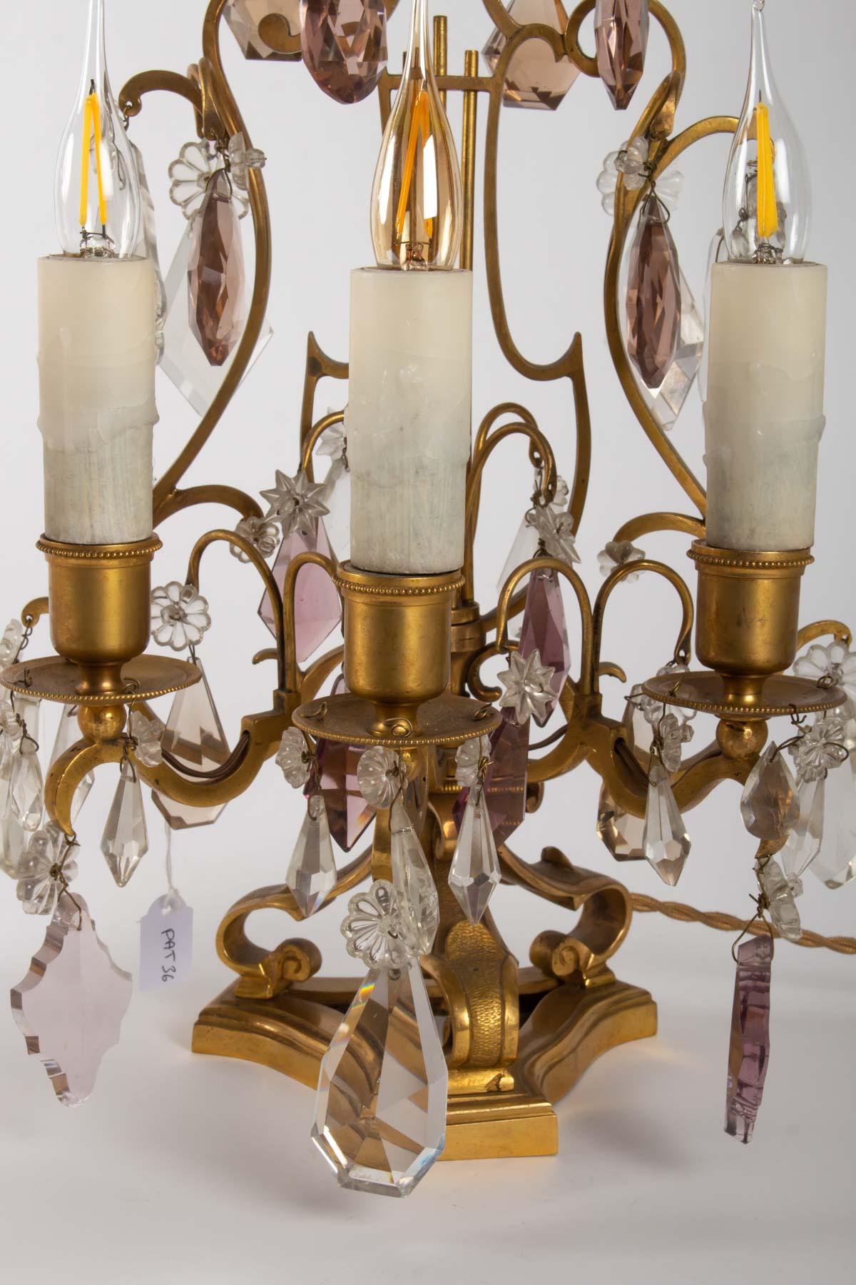 Pair of Girandoles in White and Pink Crystal, Bronze, Louis XV Style, Antiquity In Good Condition In Saint-Ouen, FR
