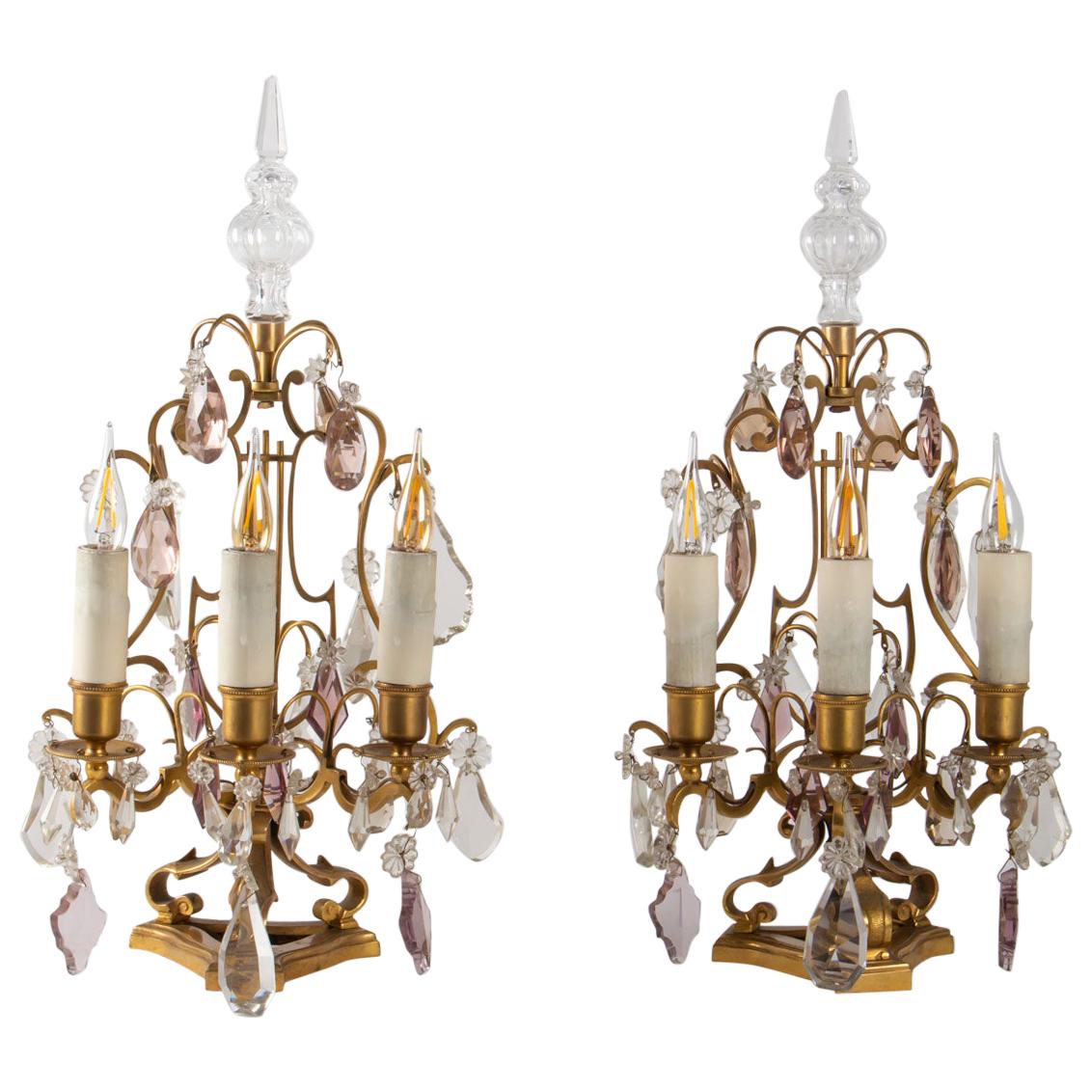 Pair of Girandoles in White and Pink Crystal, Bronze, Louis XV Style, Antiquity