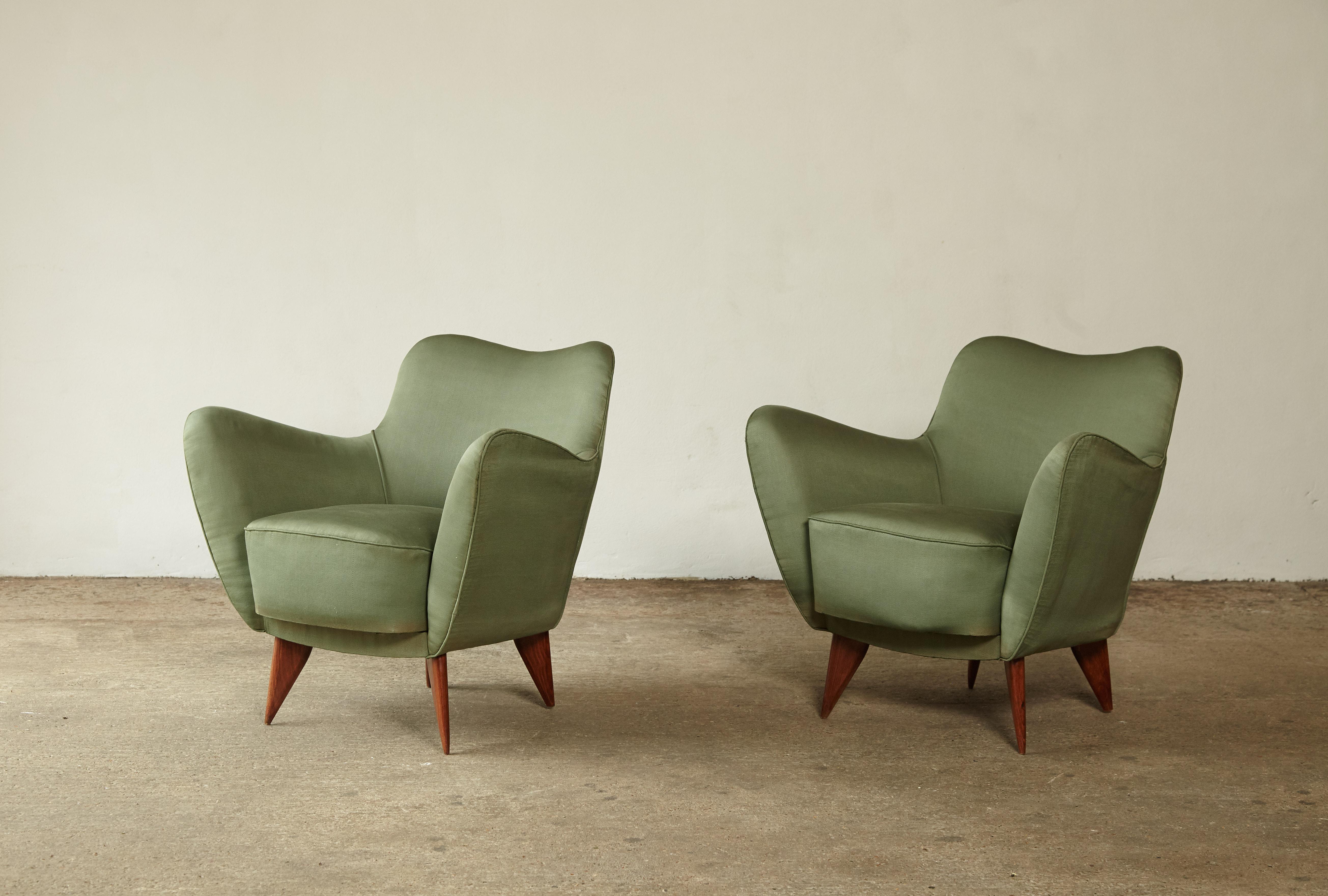Pair of Giulia Veronesi Perla Armchairs, Green Fabric, ISA Bergamo, Italy, 1950s 1