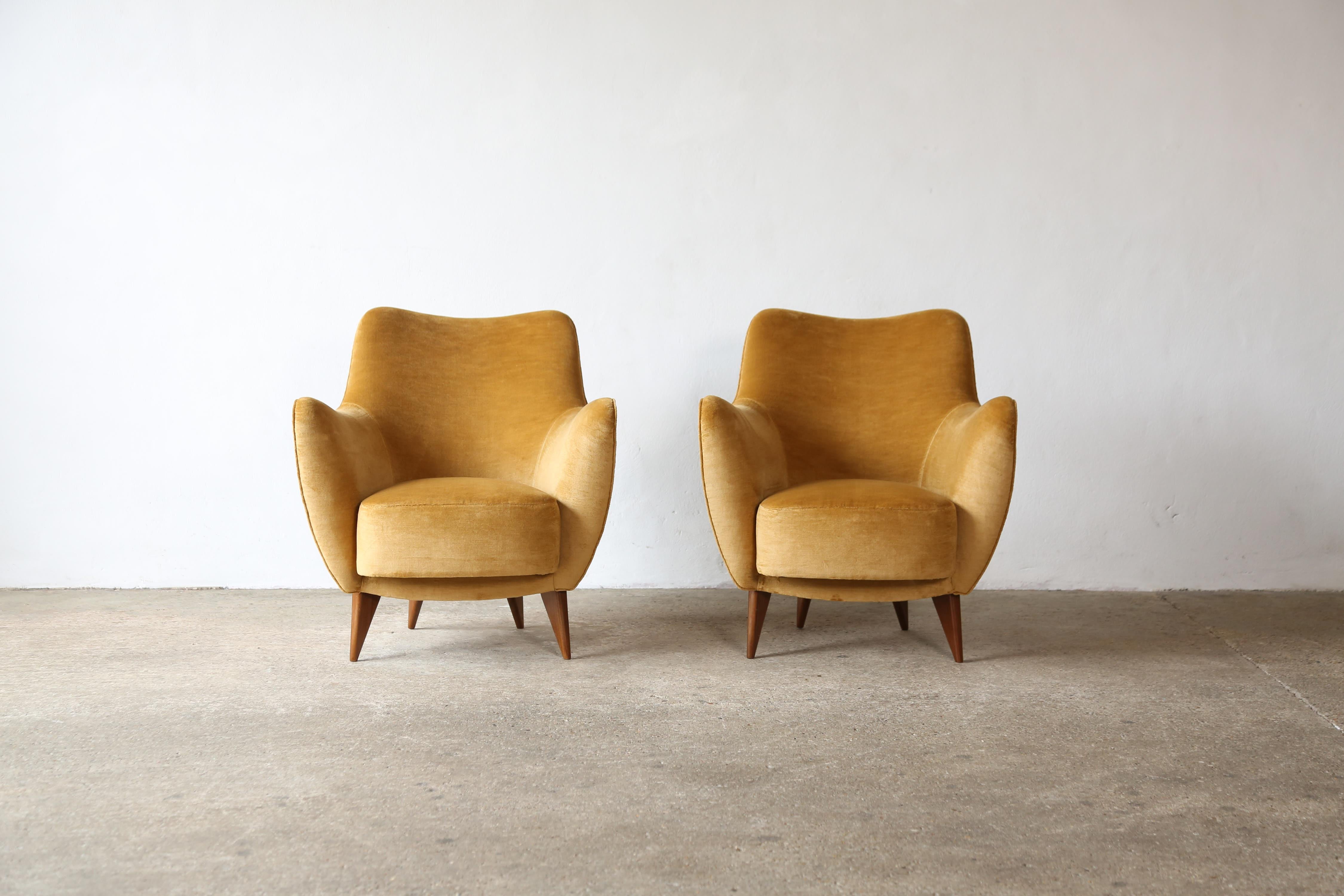 Italian Pair of Giulia Veronesi Perla Chairs, Yellow Velvet, ISA Bergamo, Italy, 1950s For Sale