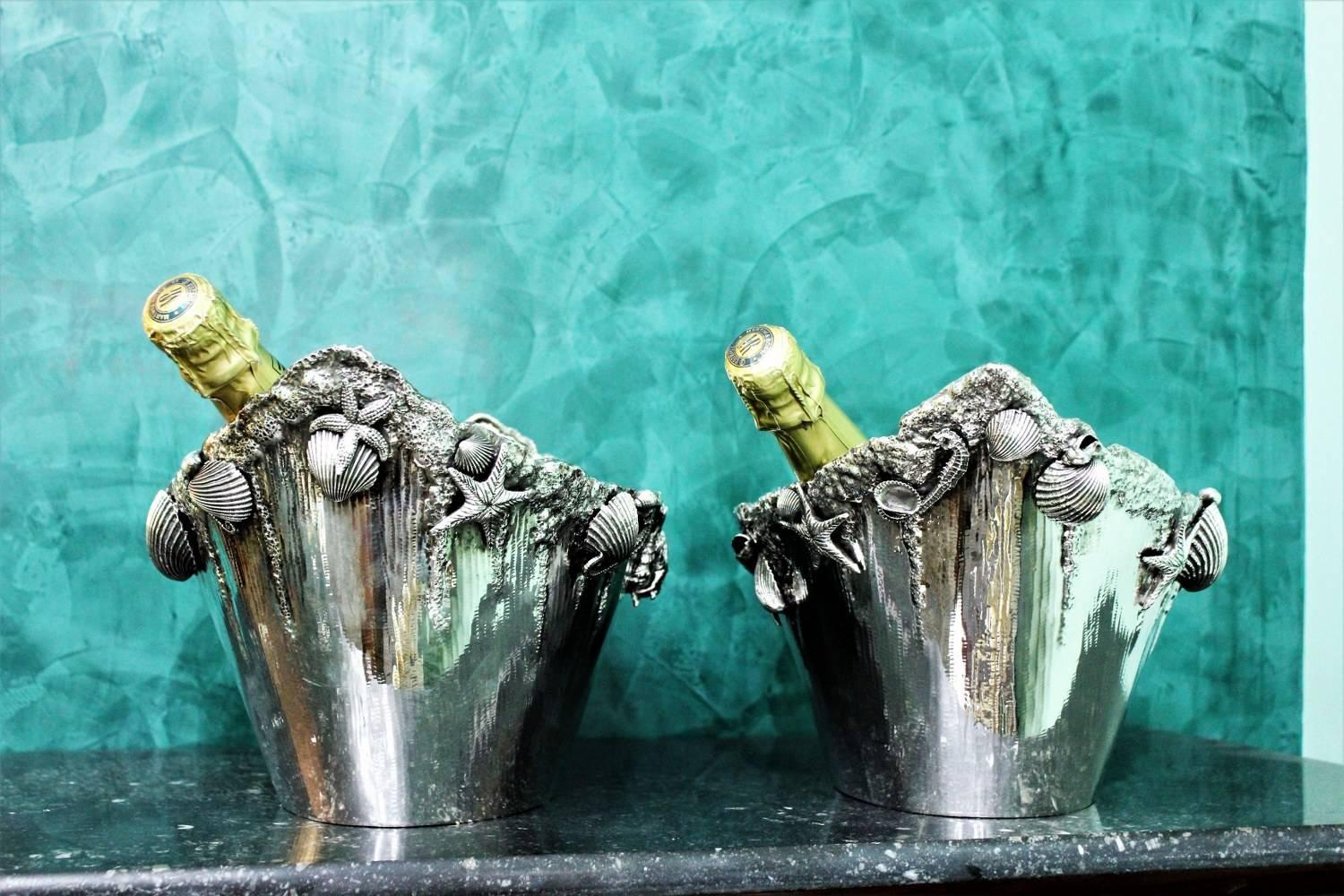 Pair of Giuseppe De Luca 20th Century Silver Rococo Engraved Wine Coolers, 1930s For Sale 1