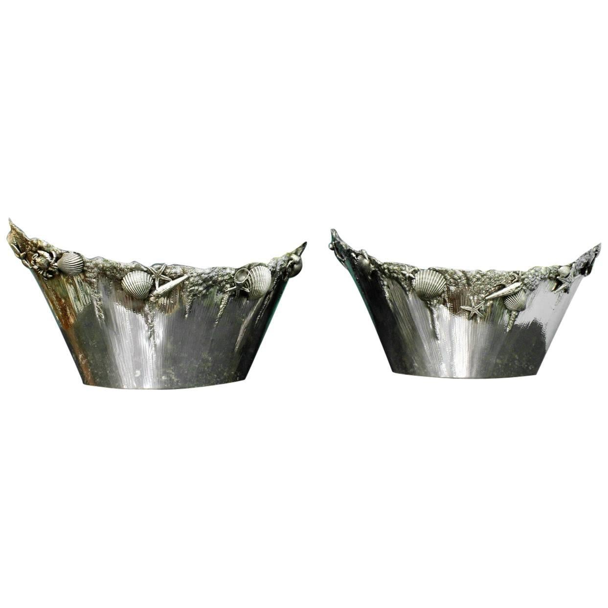 Pair of Giuseppe De Luca 20th Century Silver Rococo Engraved Wine Coolers, 1930s For Sale