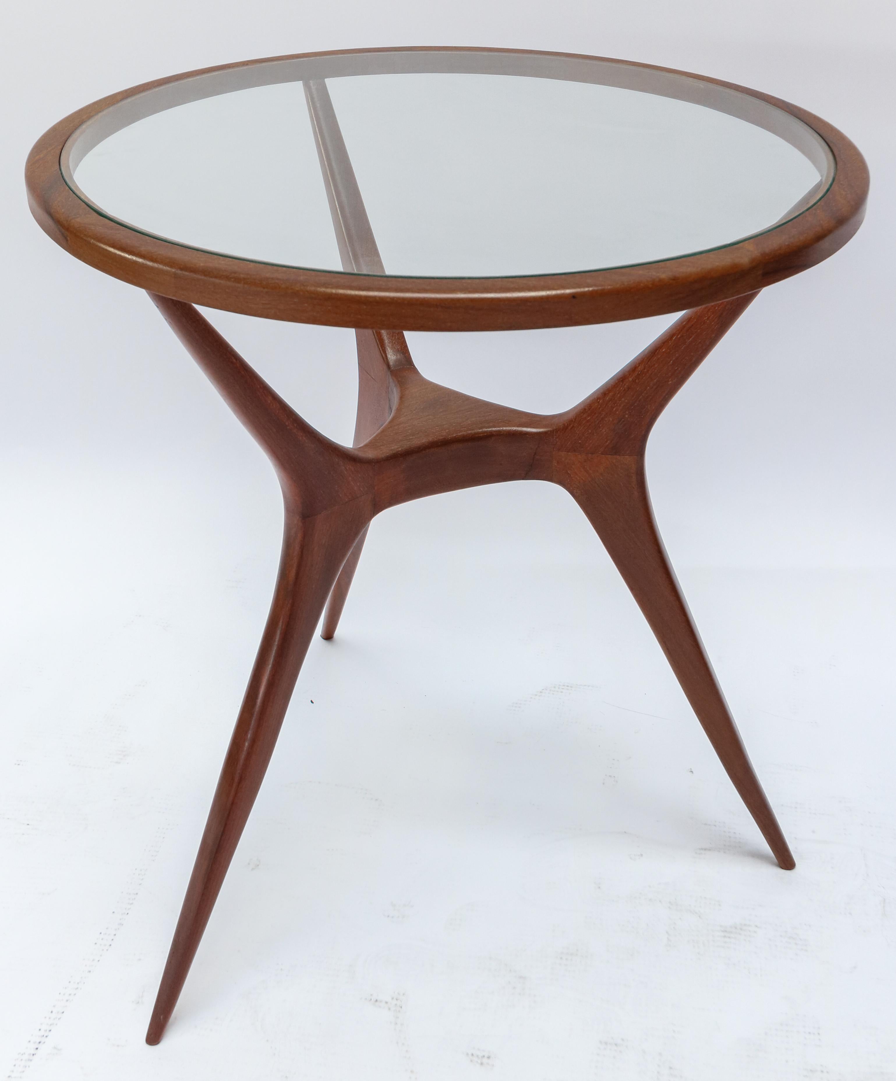 Pair of Brazilian Mid-Century Modern spider leg wood side tables with glass tops from the 1960s.