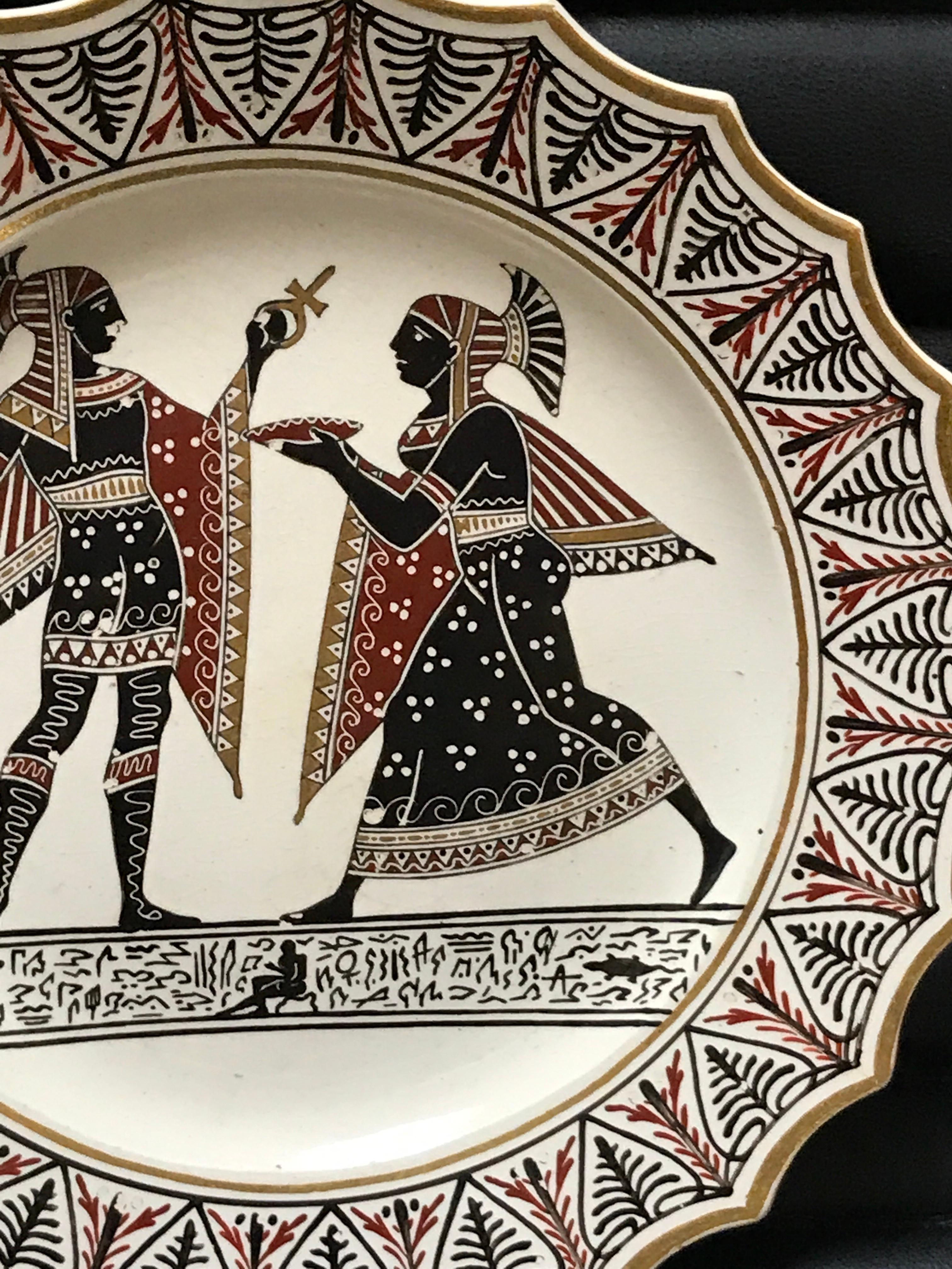 Pair of Giustiniani Egyptomania Pottery Plates with Gilt Borders In Fair Condition For Sale In West Palm Beach, FL
