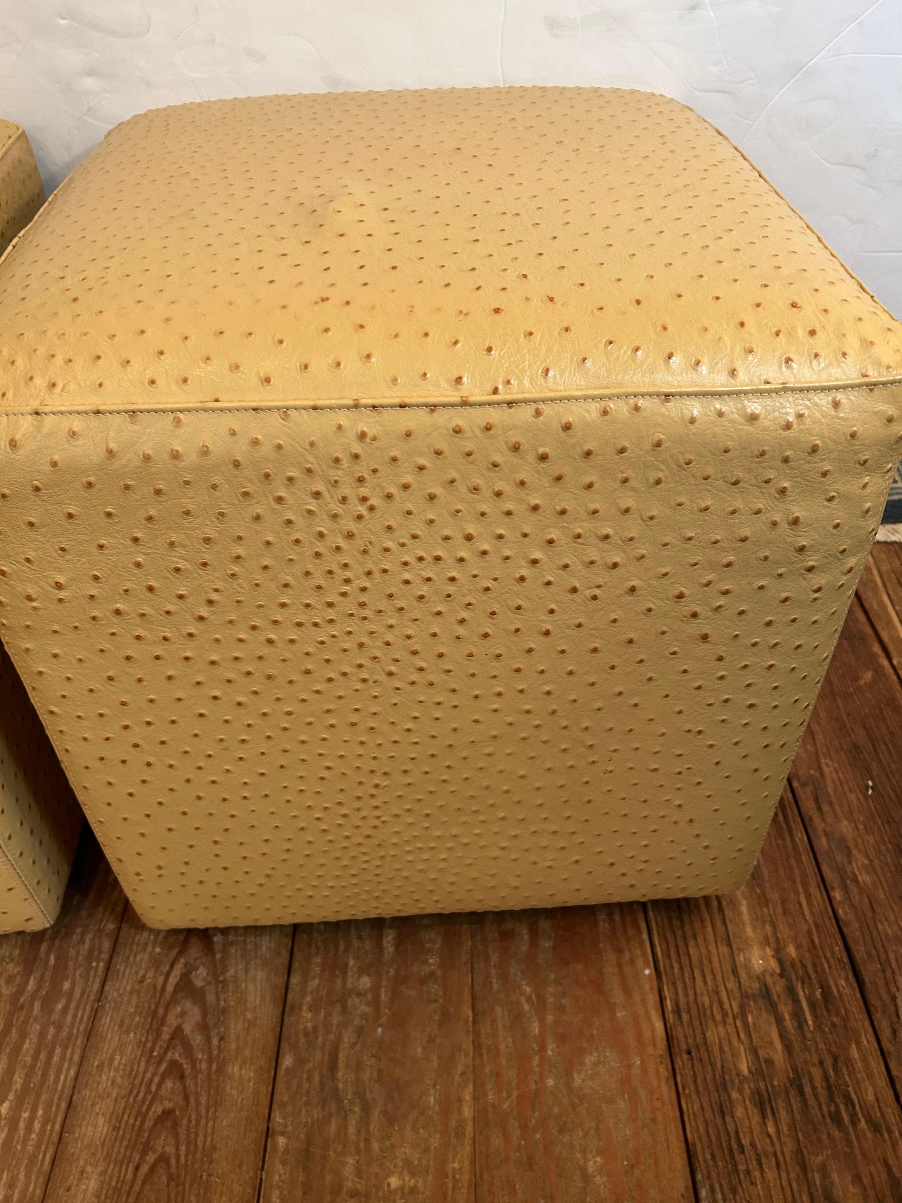 American Pair of Glamorous Faux Ostrich Neutral Beige Gold Cube Ottomans