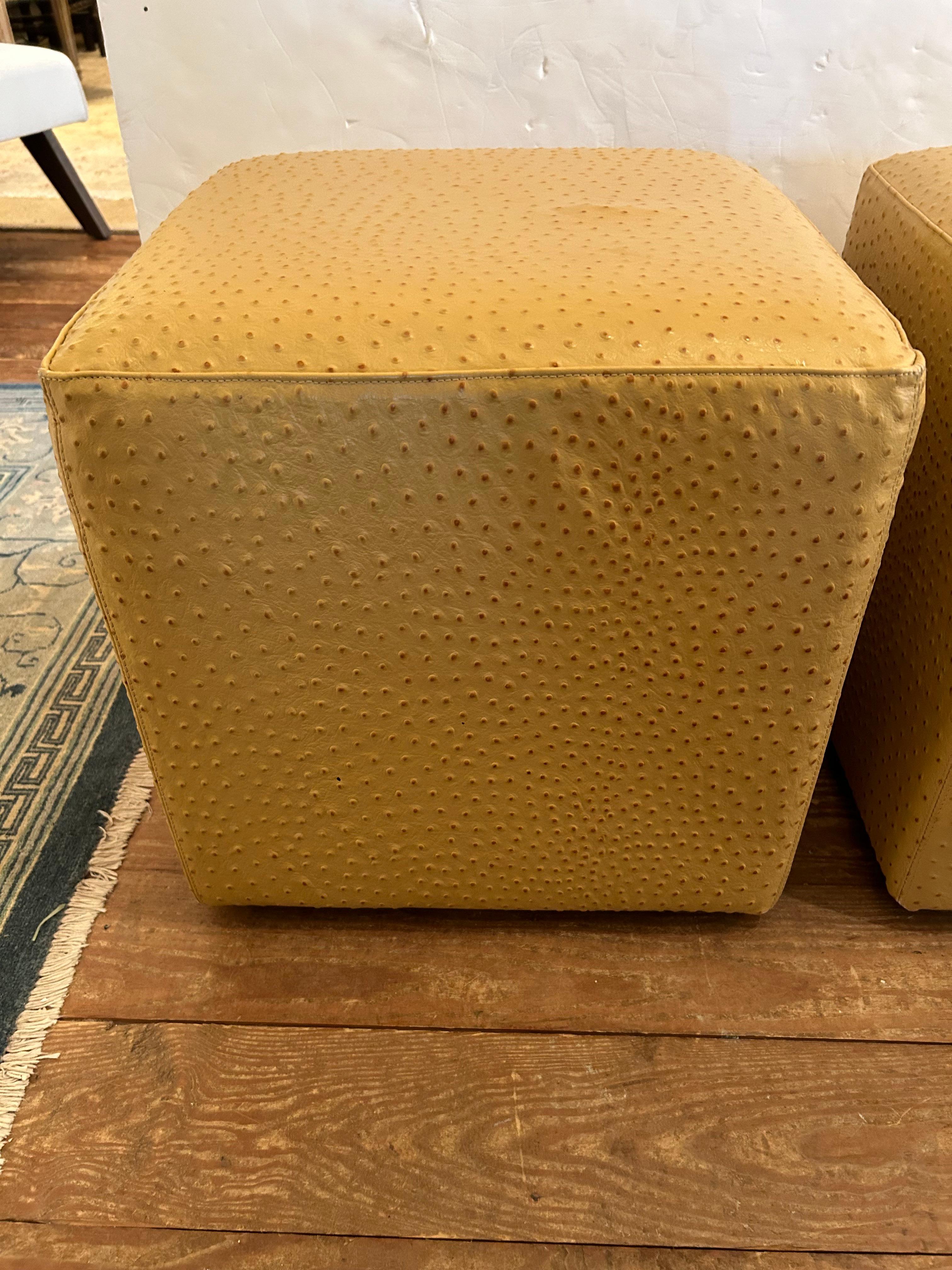 Faux Bois Pair of Glamorous Faux Ostrich Neutral Beige Gold Cube Ottomans