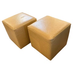 Pair of Glamorous Faux Ostrich Neutral Beige Gold Cube Ottomans