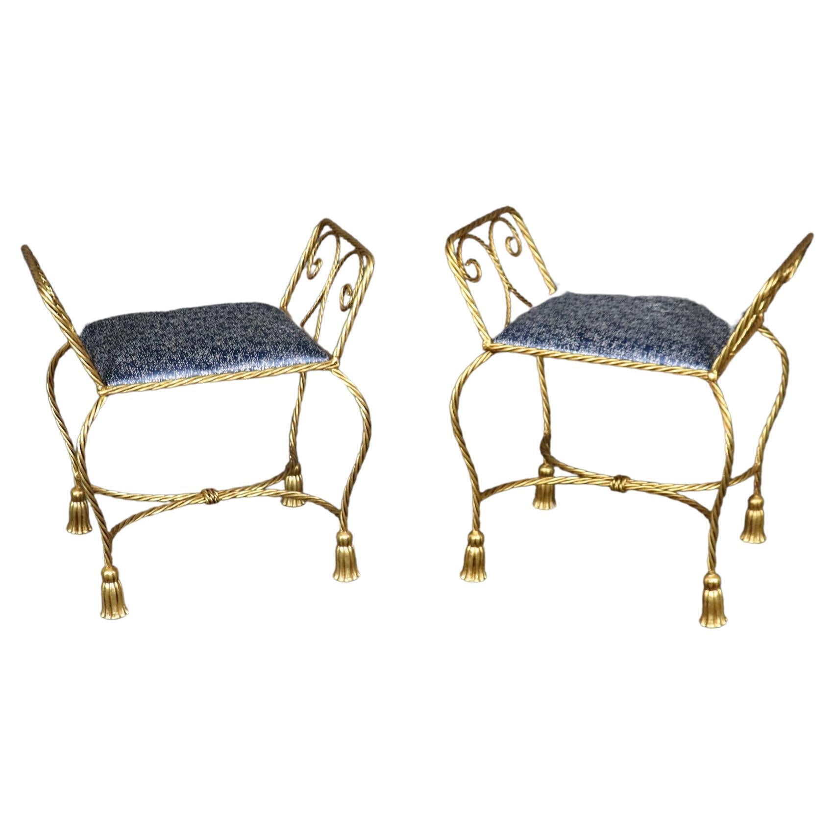 Pair of Glamorous Genuine Gold Leaf Iron Italian Rope and Tassle Stools Benches