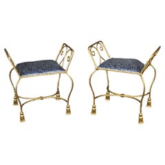 Pair of Glamorous Genuine Gold Leaf Iron Italian Rope and Tassle Stools Benches