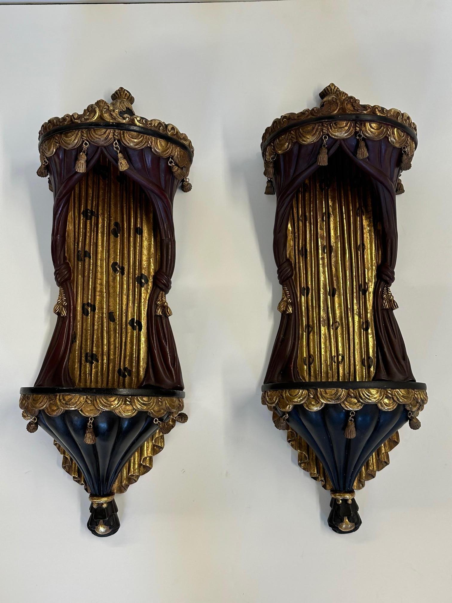 Pair of Glamorous Hollywood Regency Cast Resin Brackets with Tassels  For Sale 1