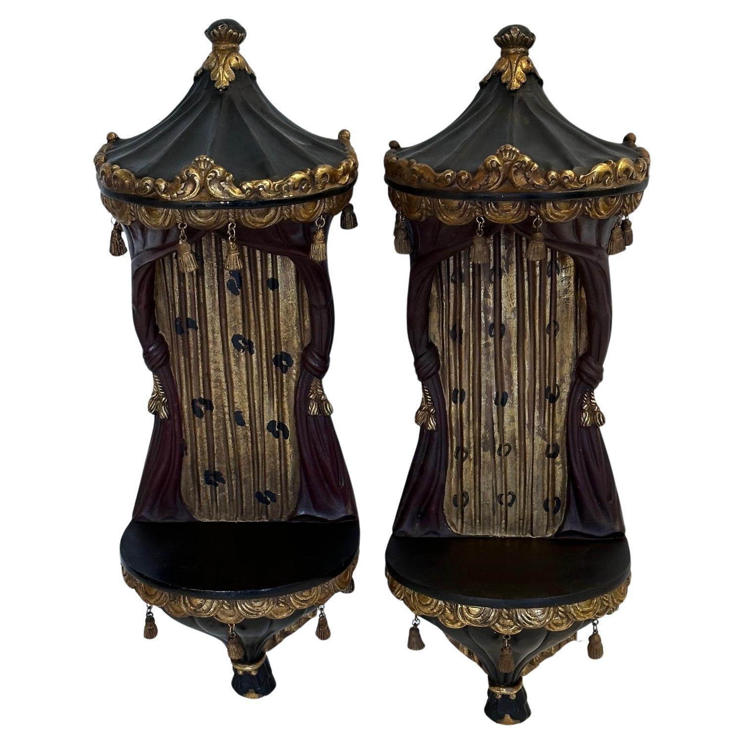 Pair of Glamorous Hollywood Regency Cast Resin Brackets with Tassels 