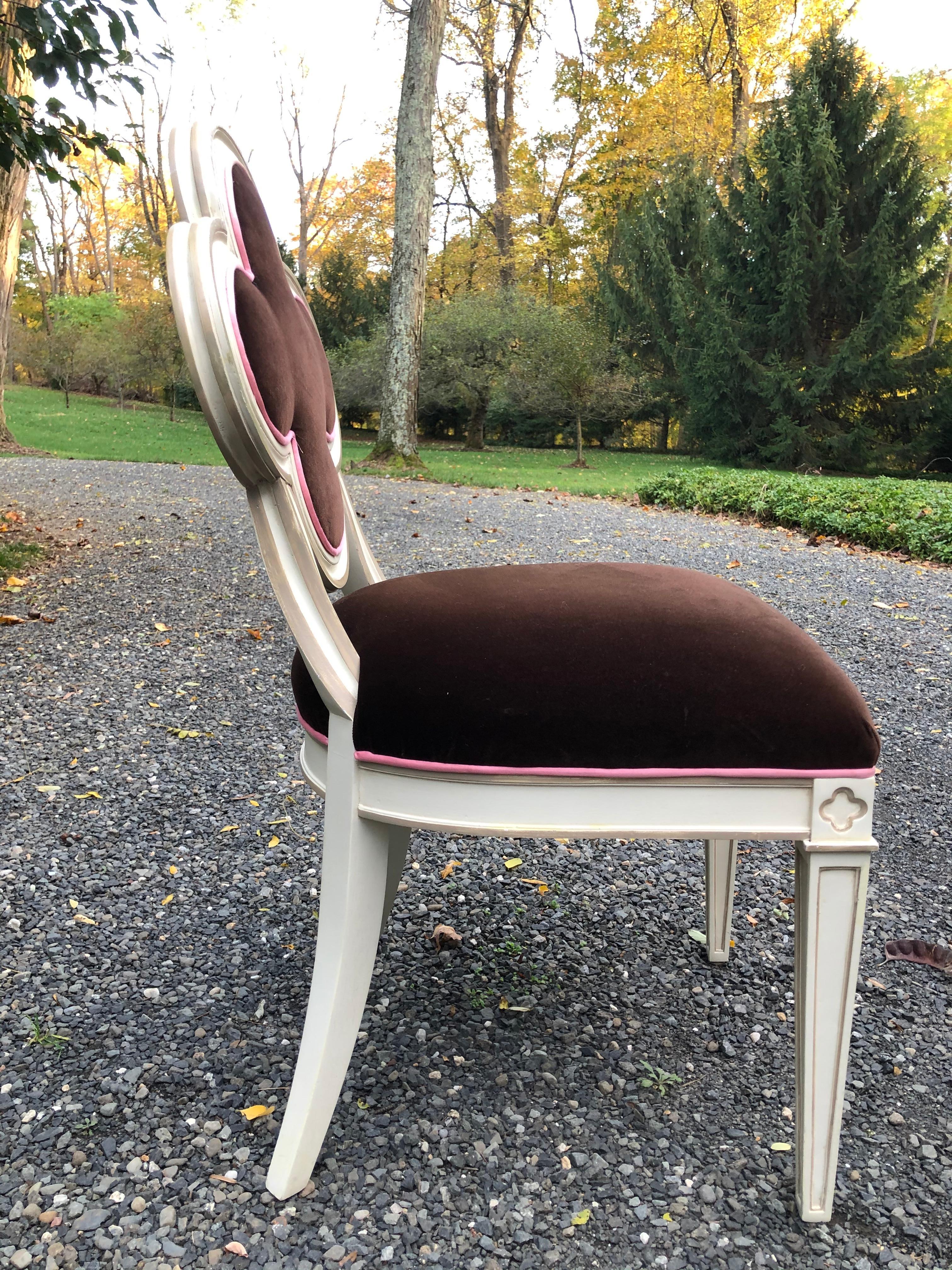 American Pair of Glamorous Quatrefoil Shaped Velvet Side Chairs