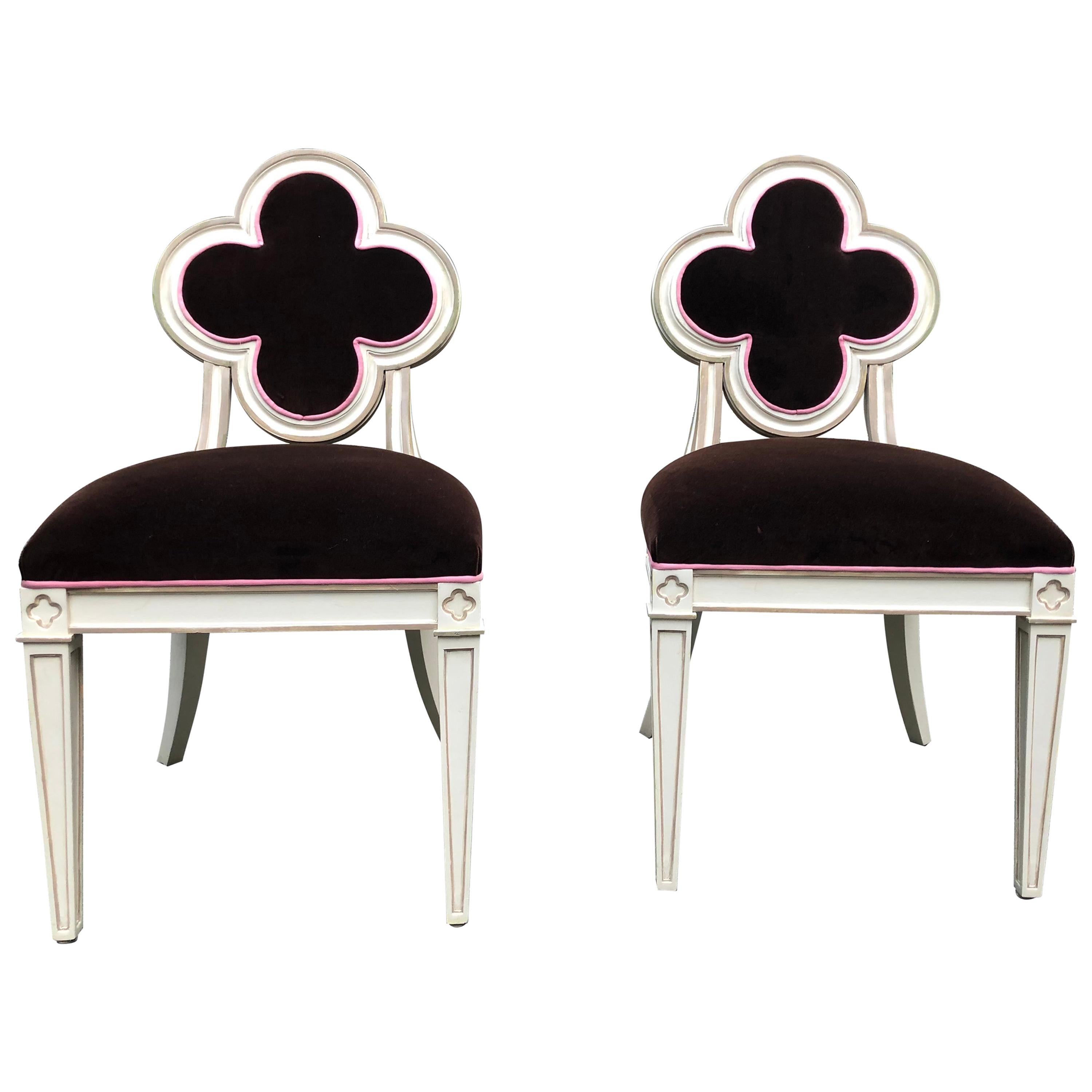 Pair of Glamorous Quatrefoil Shaped Velvet Side Chairs