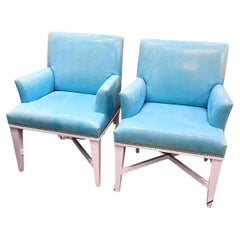 Pair of Glamorous Sleek Modern Upholstered Turquoise Faux Python Armchairs