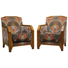 Pair of Glamorous Upholstered French Art Deco Club Chairs with Peacock Fabric