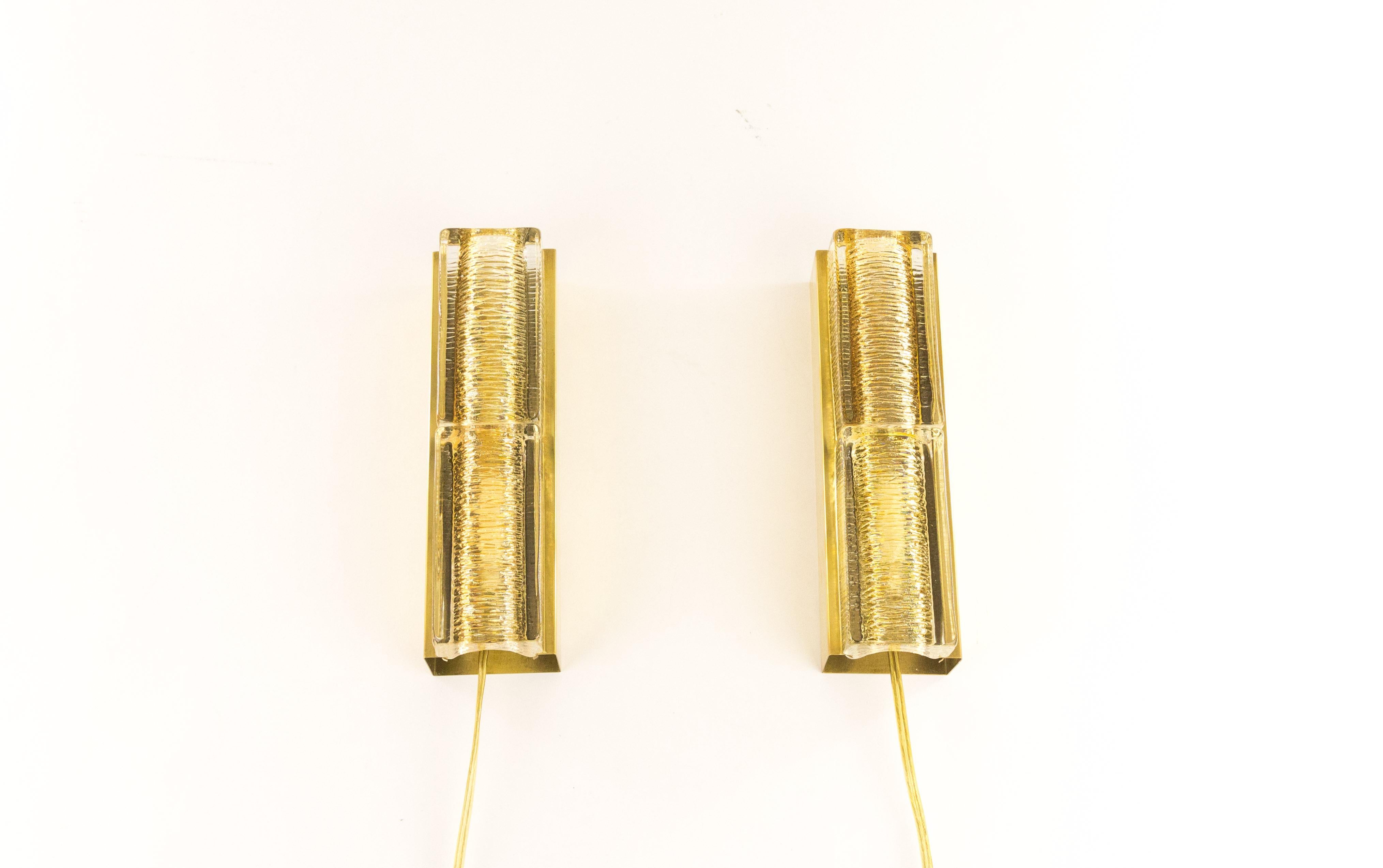 Mid-Century Modern Pair of Glass and Brass Double Atlantic Wall Lamps by Vitrika in Gold, 1970s