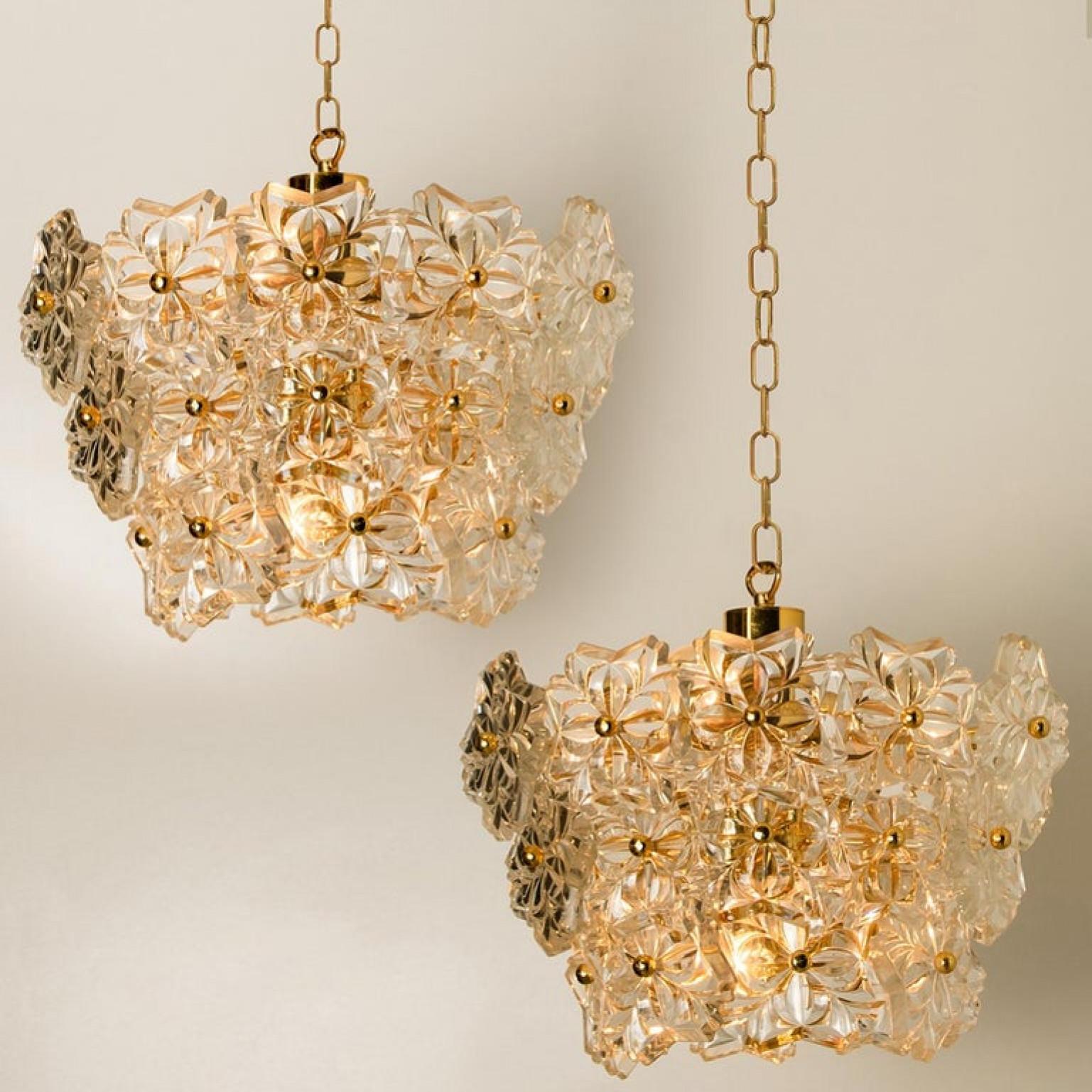 Pair of Glass and Brass Floral Three Tiers Light Fixture from Hillebrand, 1970s For Sale 7