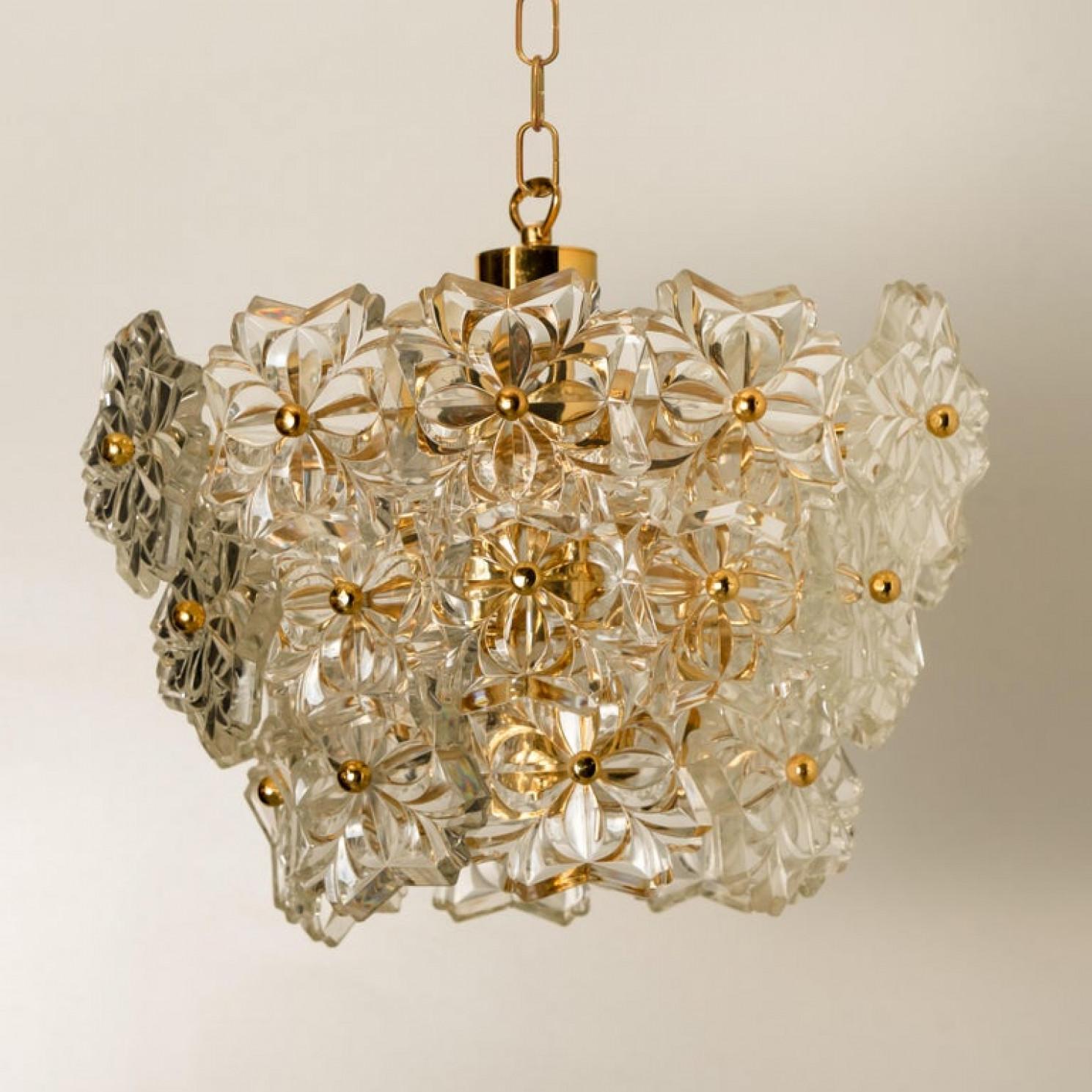 Pair of Glass and Brass Floral Three Tiers Light Fixture from Hillebrand, 1970s In Good Condition For Sale In Rijssen, NL