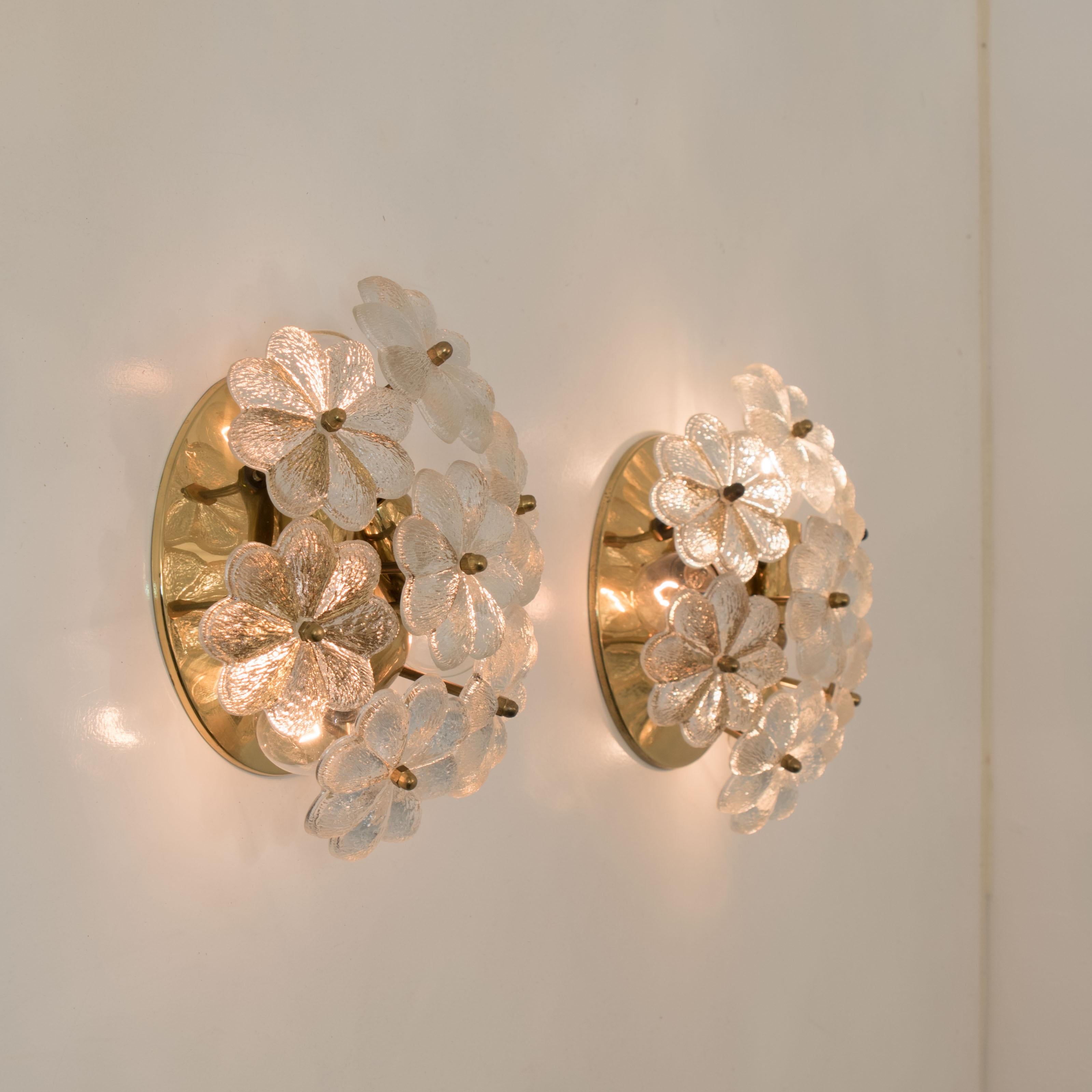 Pair of Glass and Brass Floral Wall Lights from Ernst Palme, 1970s 5