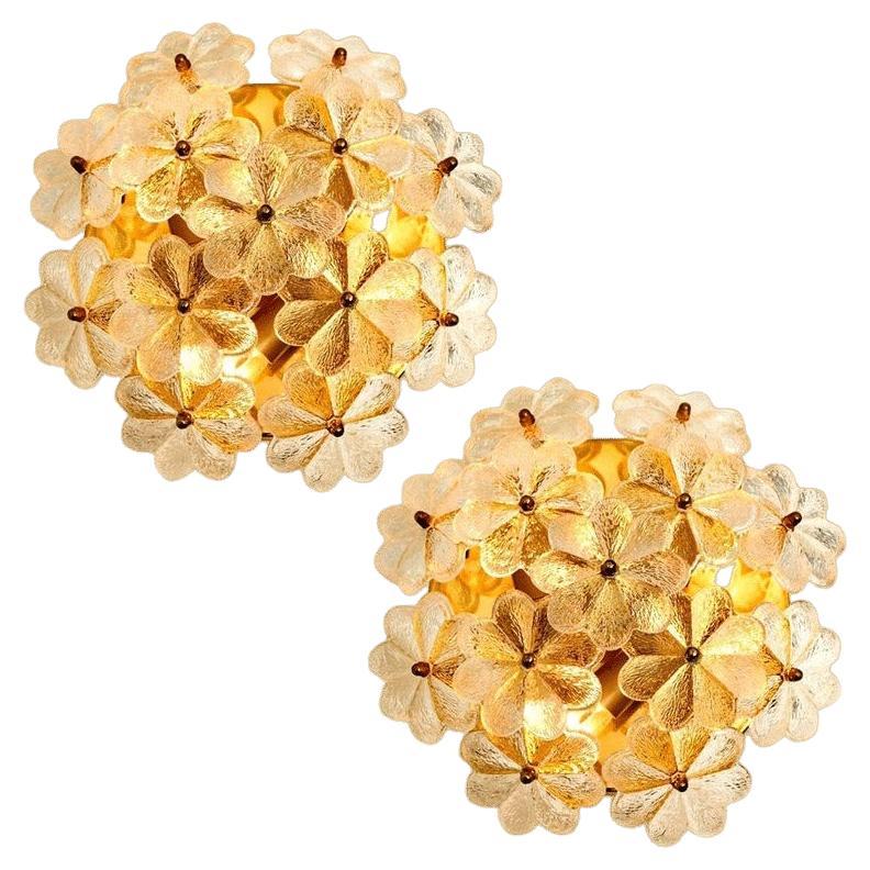 Pair of Glass and Brass Floral Wall Lights from Ernst Palme, 1970s