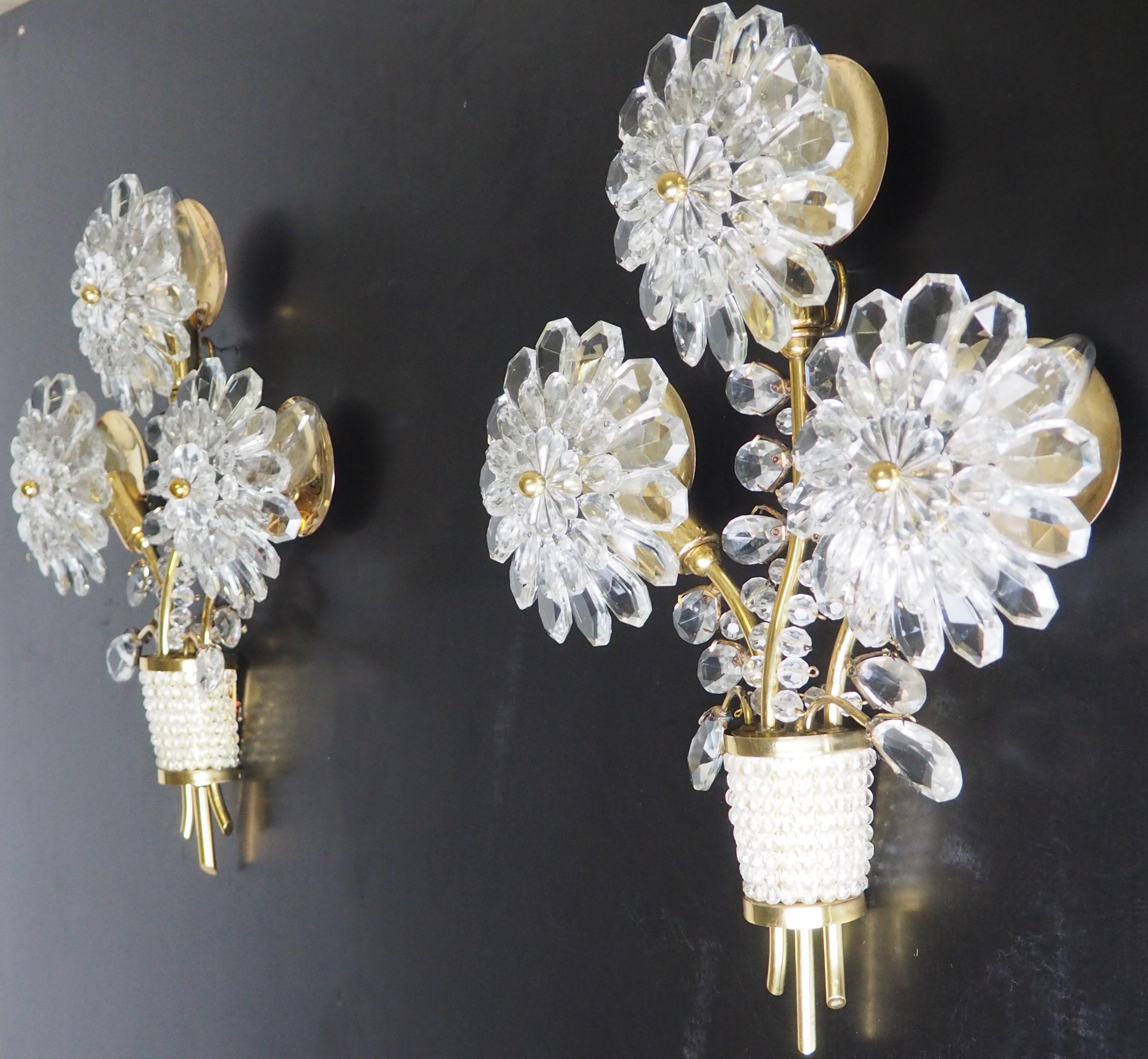 Pair of Glass and Brass Flower Wall Sconces, Attributed to Lobmeyr, circa 1950s 2