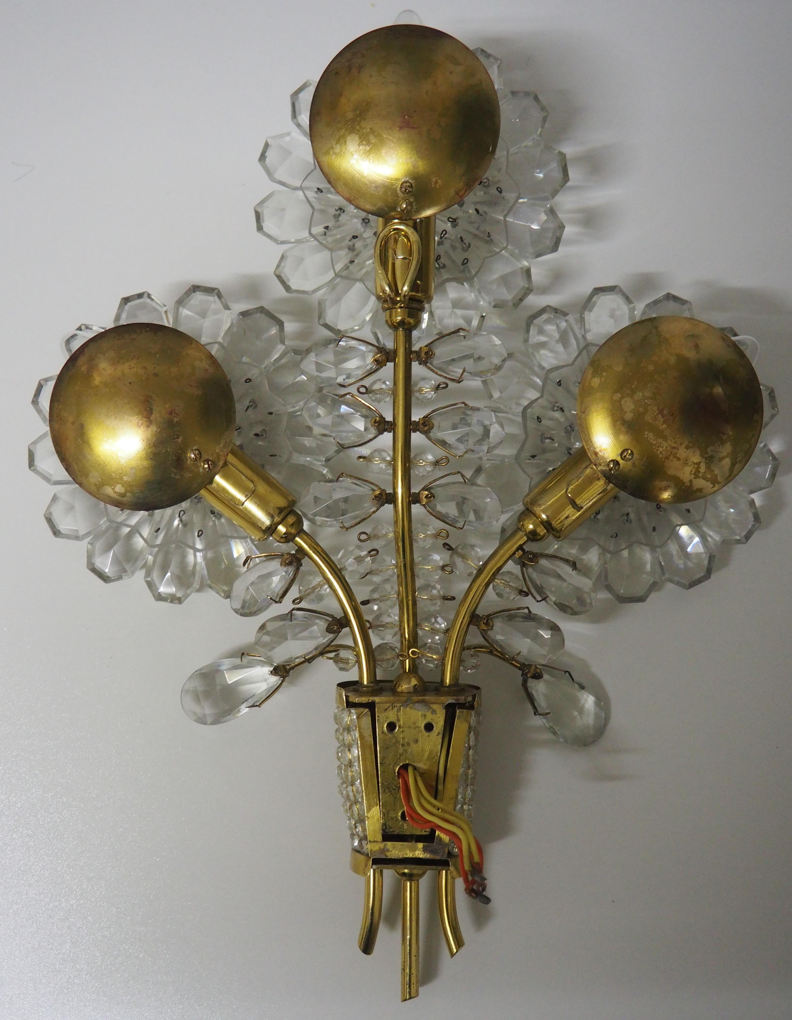 Pair of Glass and Brass Flower Wall Sconces, Attributed to Lobmeyr, circa 1950s 3
