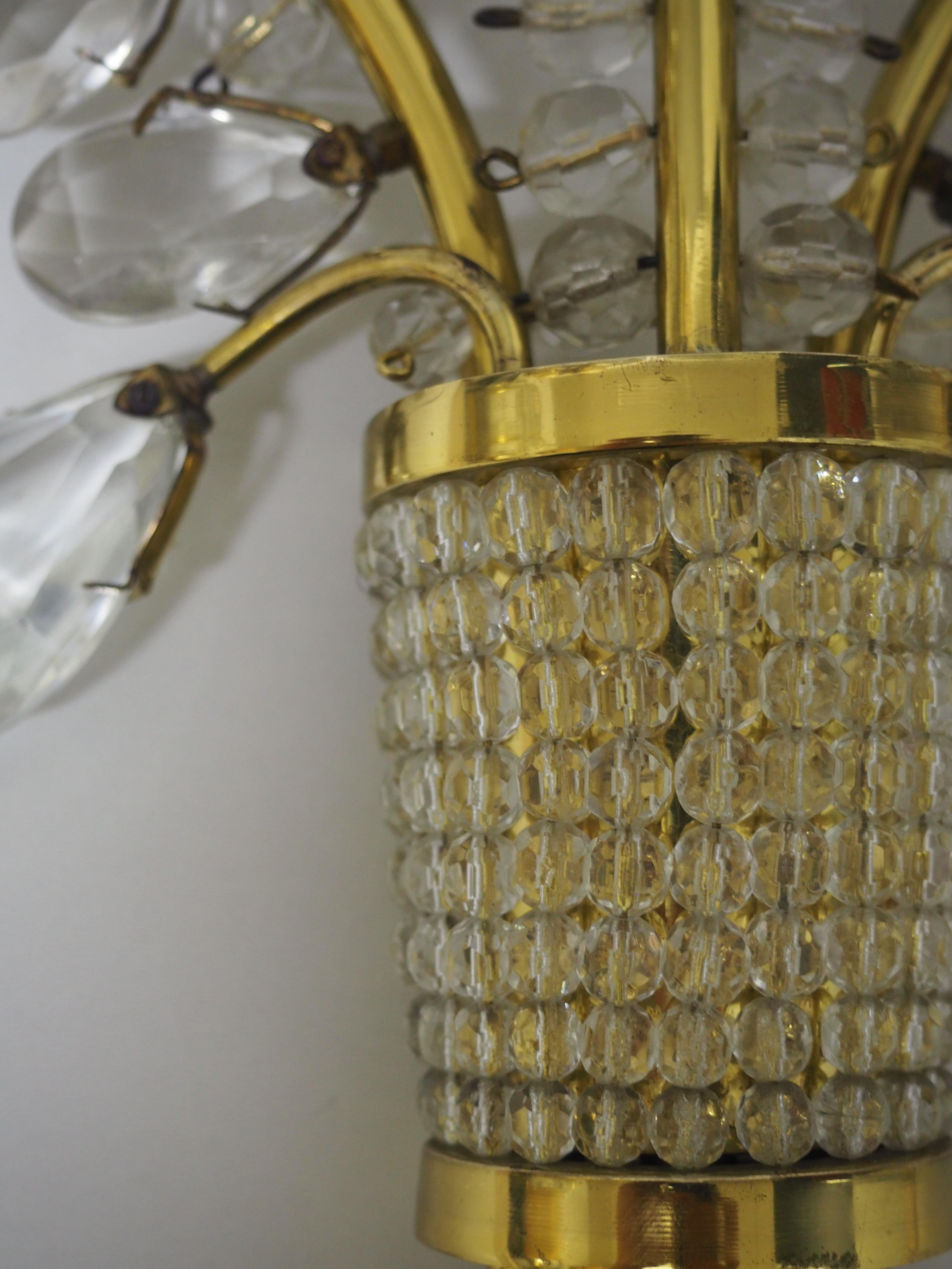 Pair of Glass and Brass Flower Wall Sconces, Attributed to Lobmeyr, circa 1950s 6