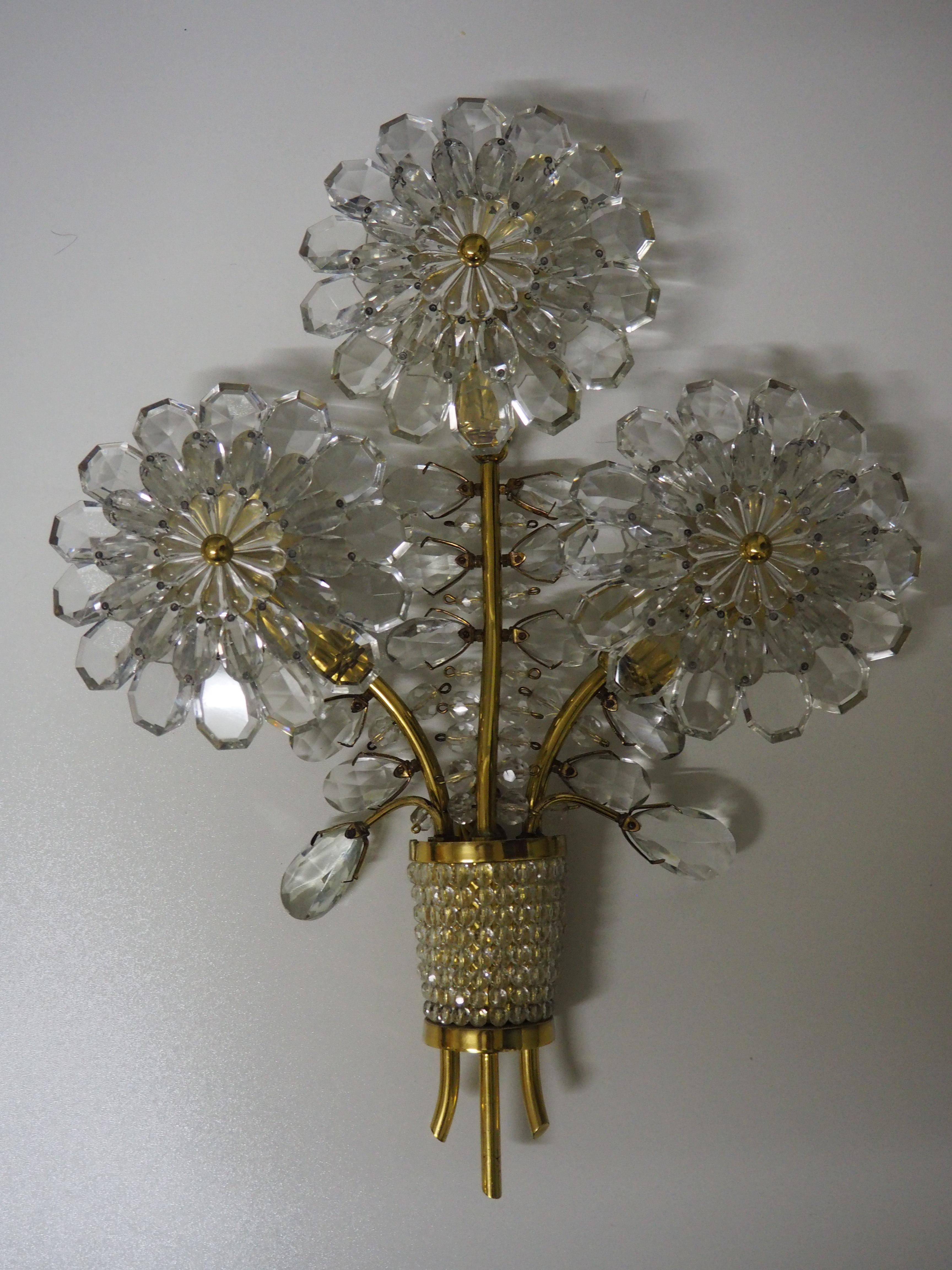Pair of Glass and Brass Flower Wall Sconces, Attributed to Lobmeyr, circa 1950s 7