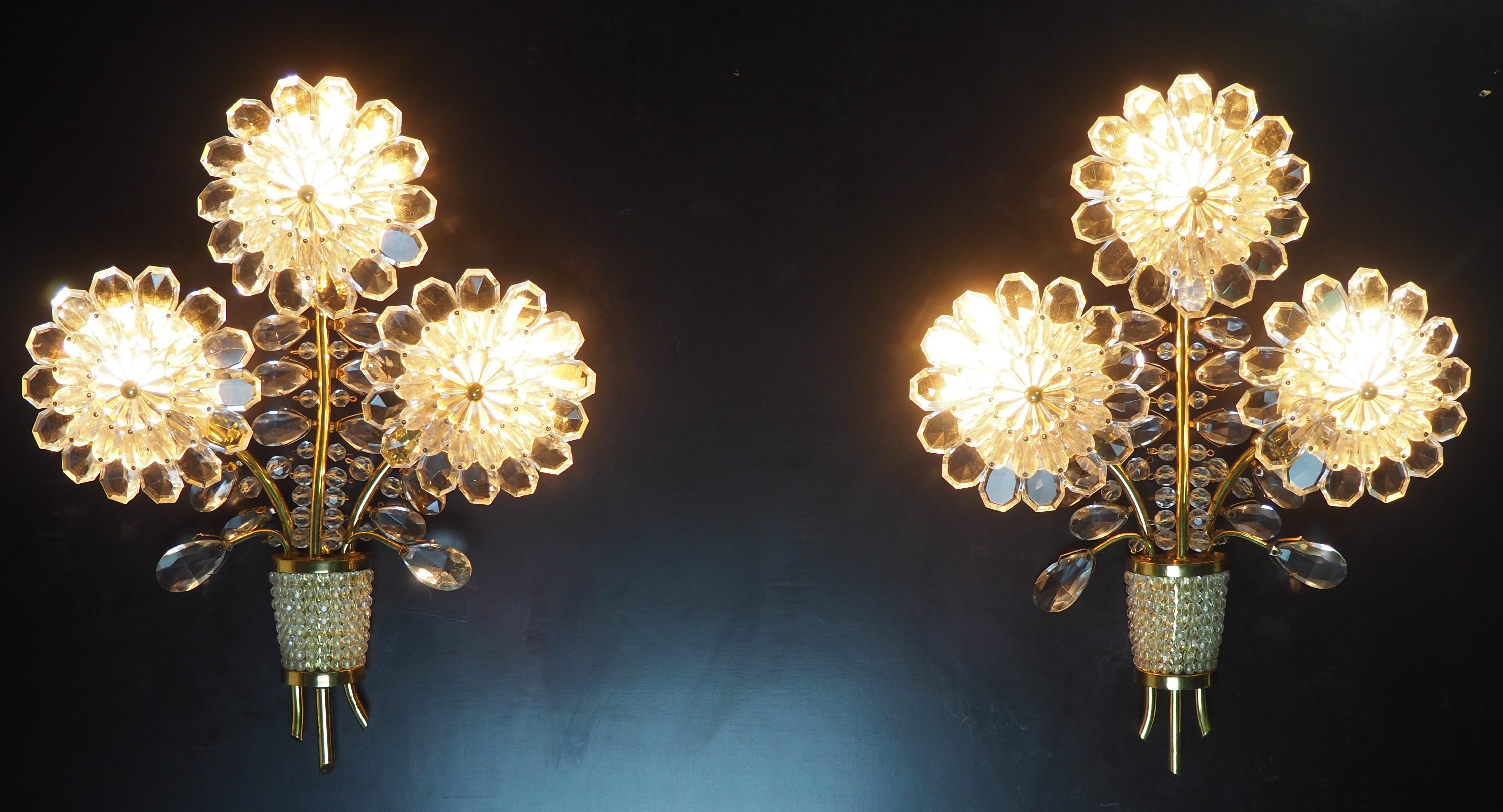 Mid-Century Modern Pair of Glass and Brass Flower Wall Sconces, Attributed to Lobmeyr, circa 1950s