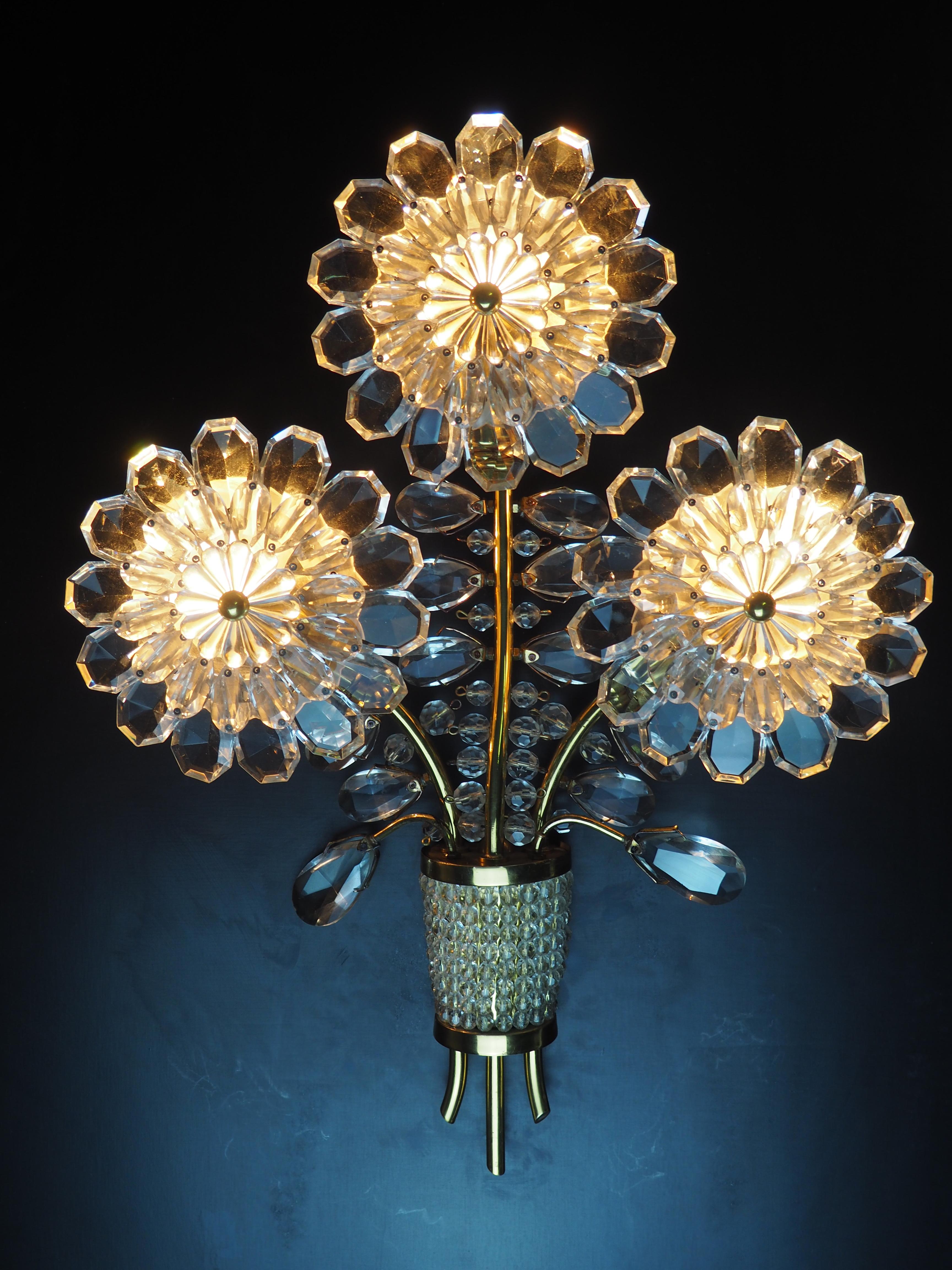 Austrian Pair of Glass and Brass Flower Wall Sconces, Attributed to Lobmeyr, circa 1950s