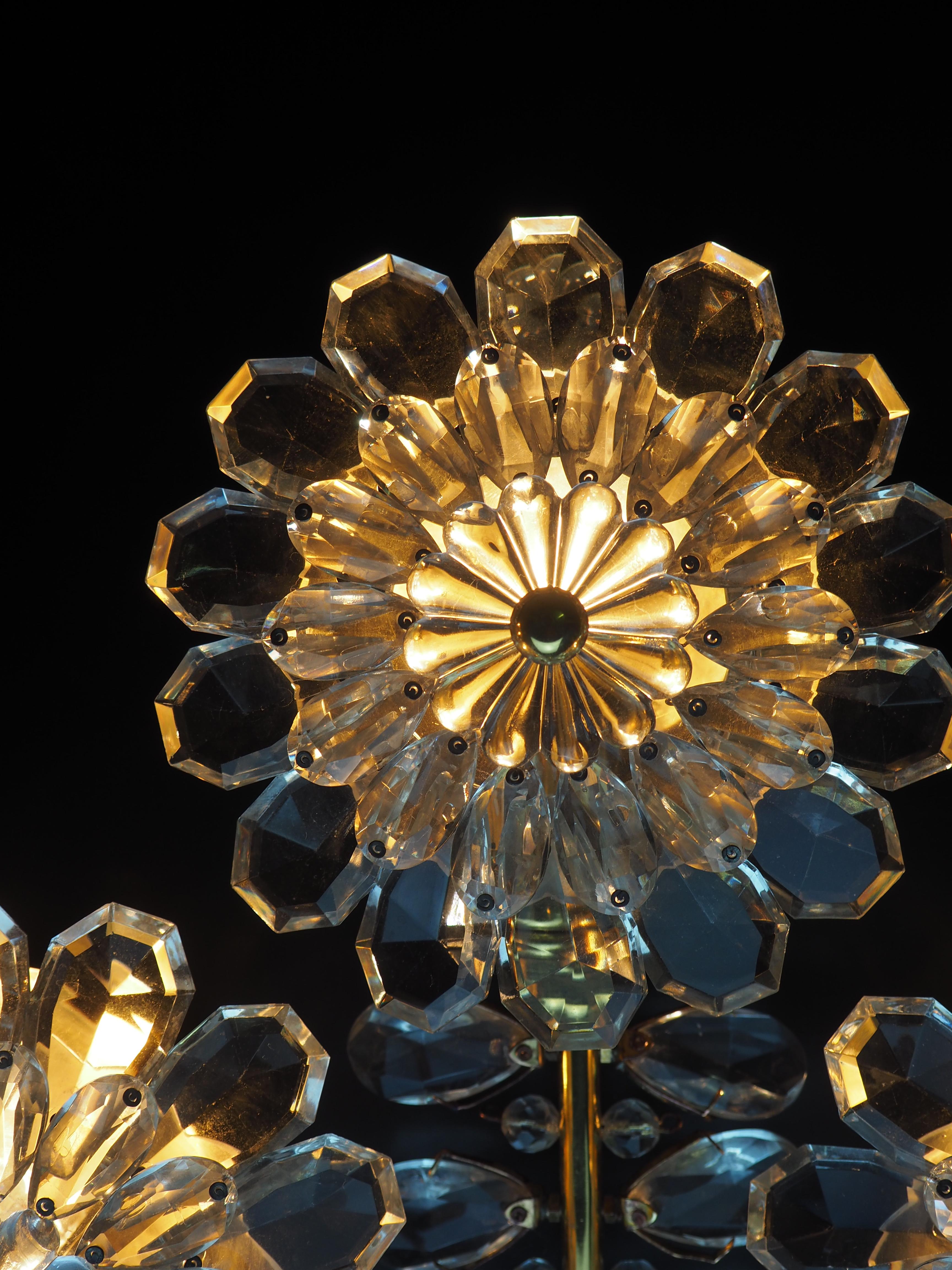 Gilt Pair of Glass and Brass Flower Wall Sconces, Attributed to Lobmeyr, circa 1950s
